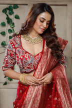 Red Gaji Silk Woven Saree with Handworked Readymade Blouse - red silk saree