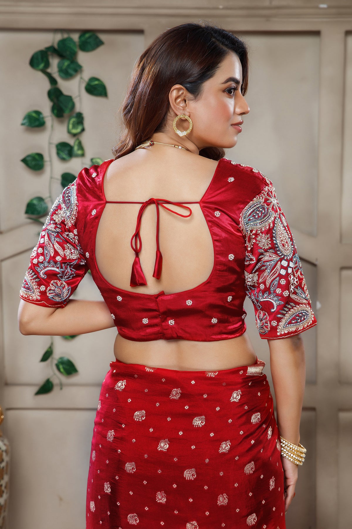 Red Gaji Silk Woven Saree with Handworked Readymade Blouse - red silk saree