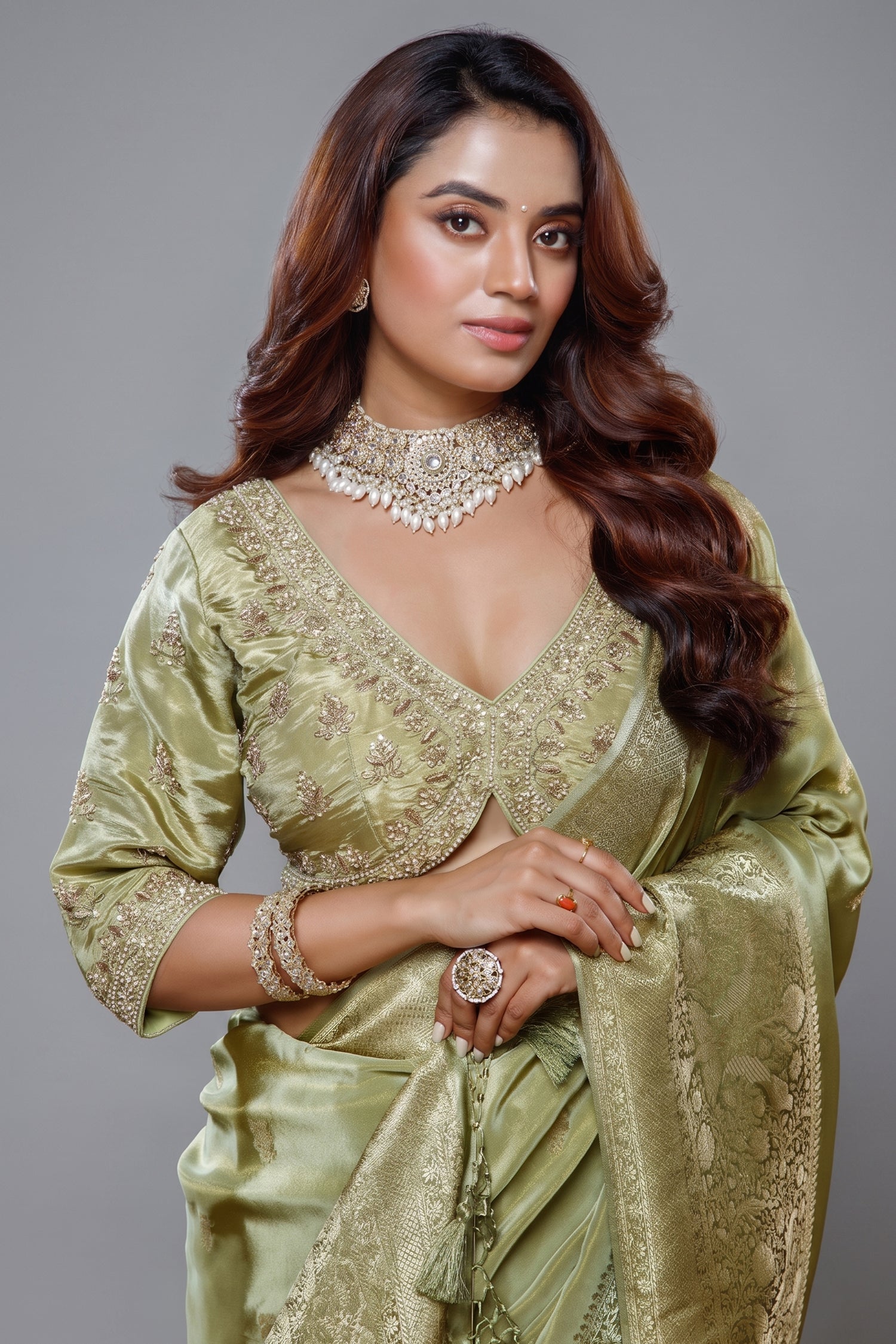 Light Pistachio Tissue Dola Silk Woven Saree with Handworked Readymade Blouse Secondary image