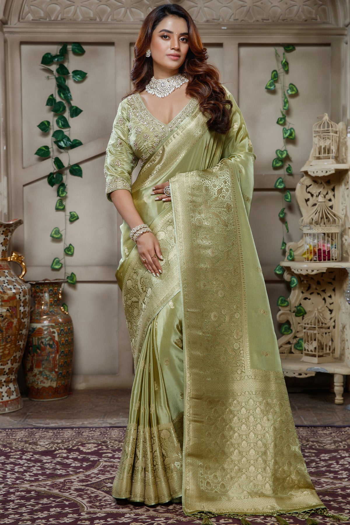 Light Pistachio Tissue Dola Silk Woven Saree with Handworked Readymade Blouse - silk saree