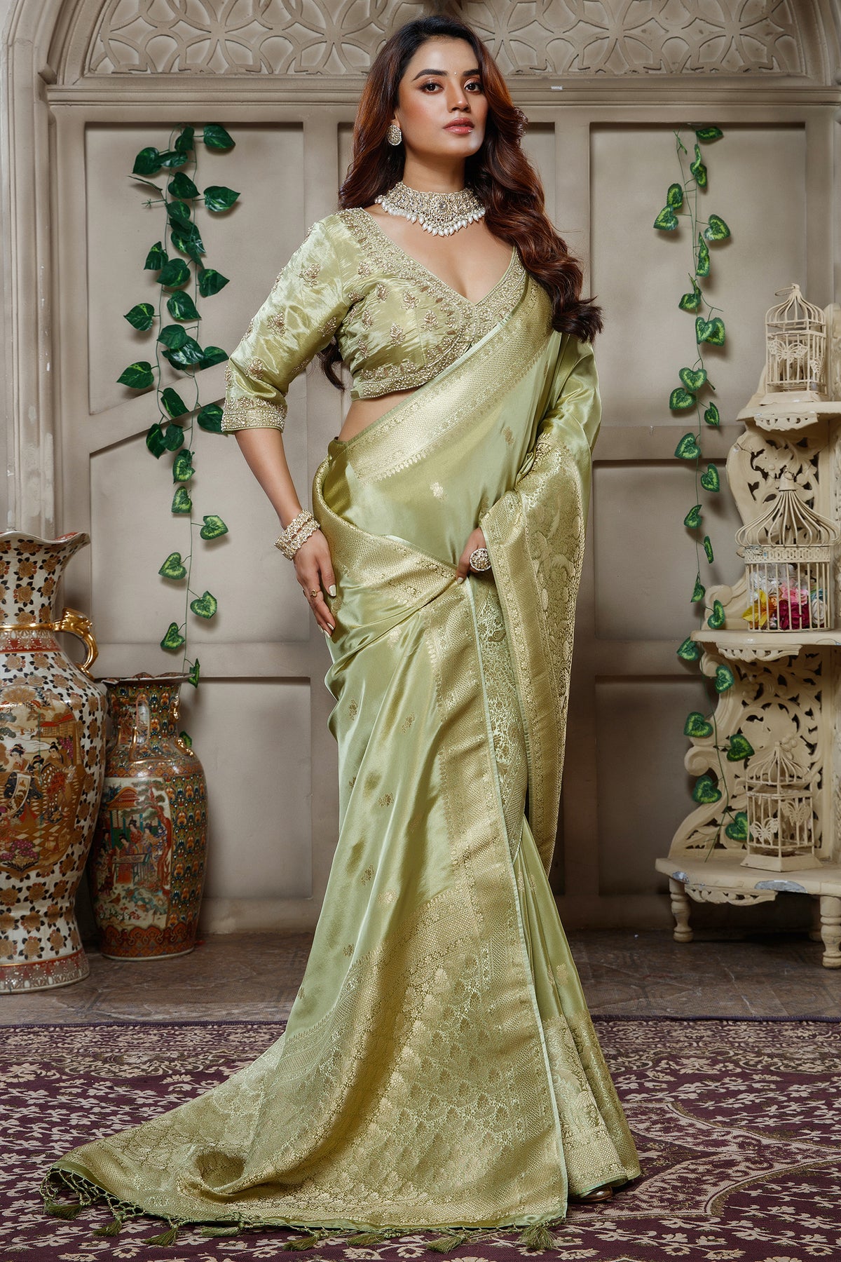 Light Pistachio Tissue Dola Silk Woven Saree with Handworked Readymade Blouse - silk saree