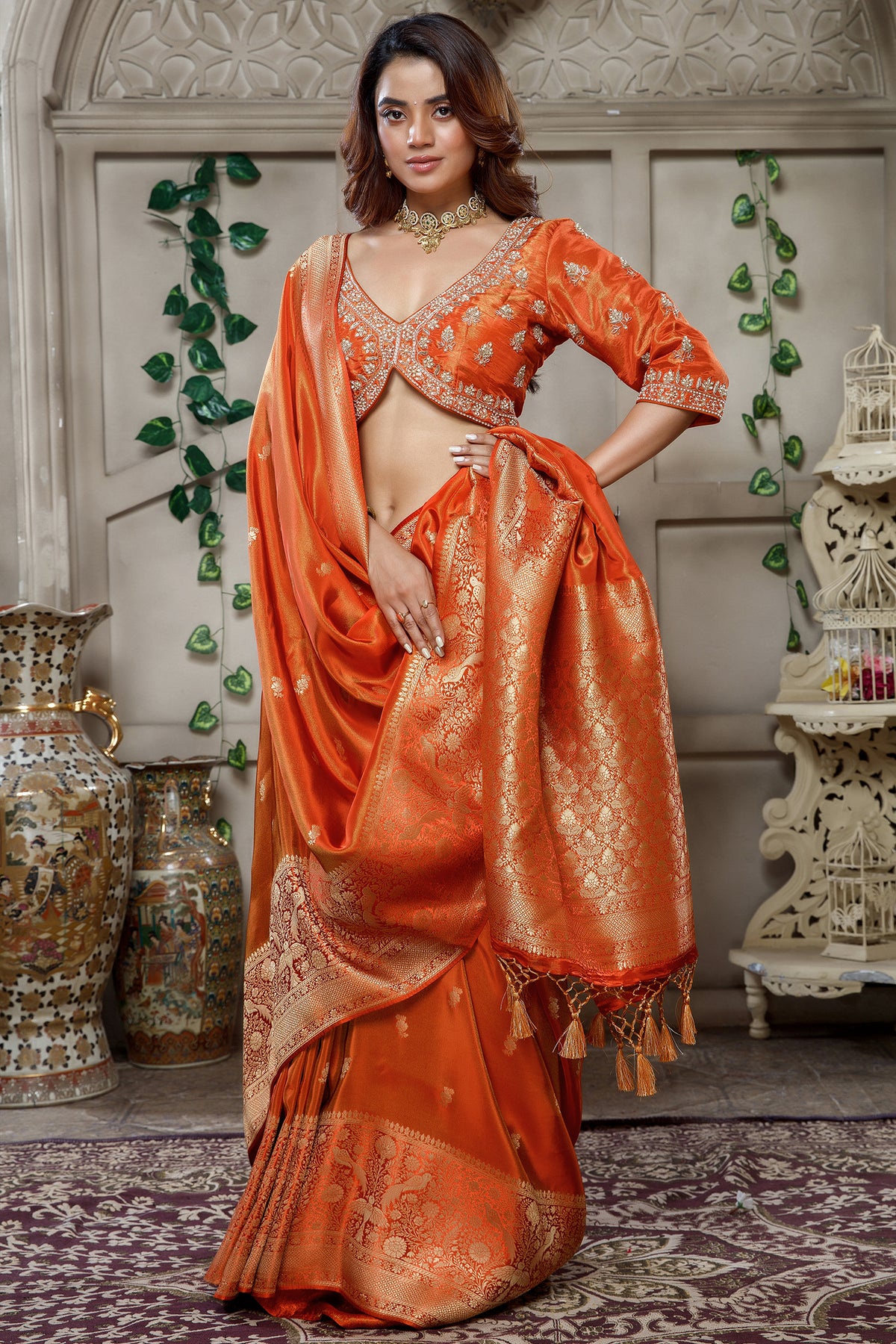 Orange Tissue Dola Silk Woven Saree with Handworked Readymade Blouse - orange silk saree