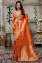 Orange Tissue Dola Silk Woven Saree with Handworked Readymade Blouse - orange silk saree