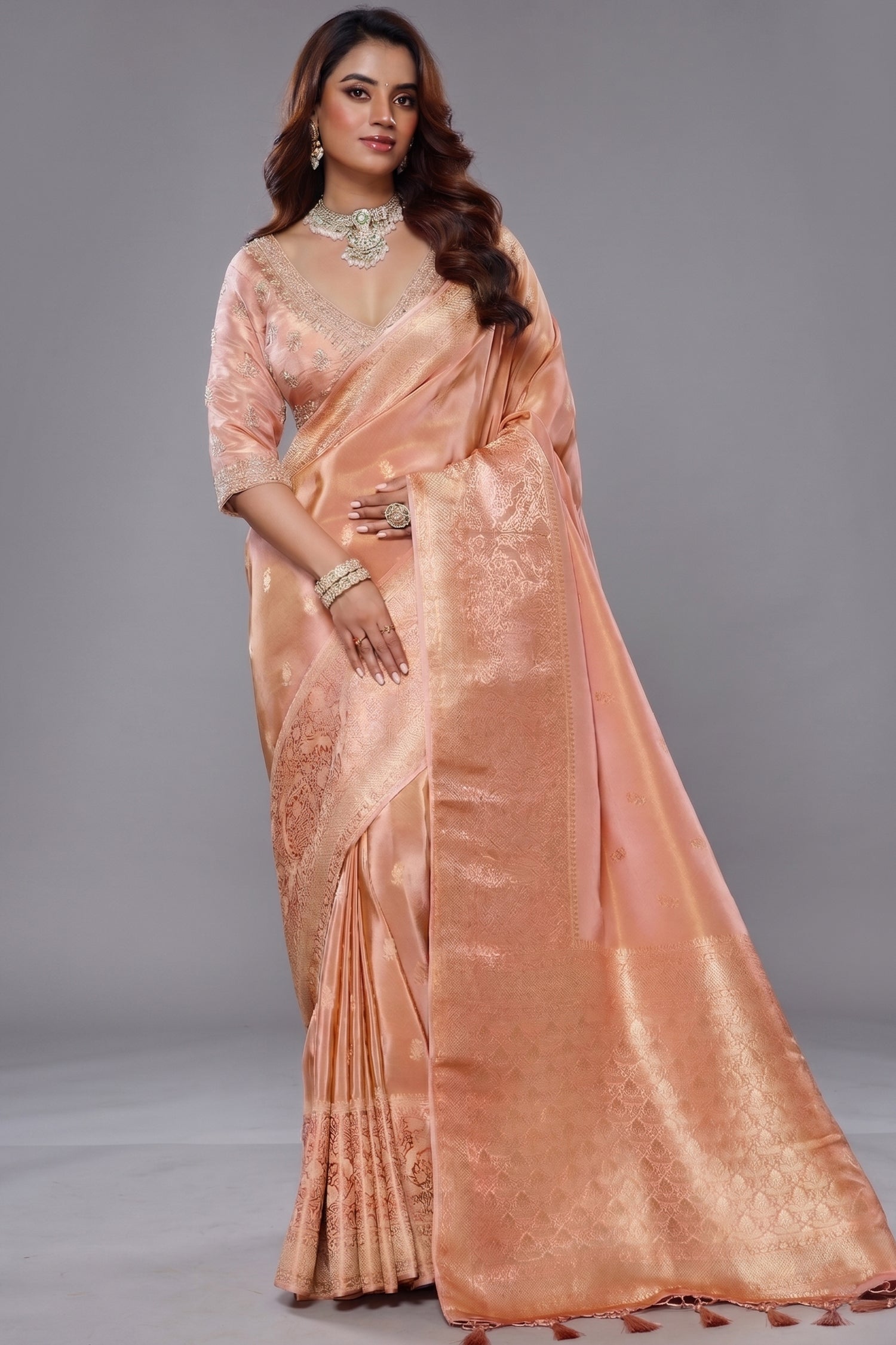 Light Peach Tissue Dola Silk Woven Saree Main image