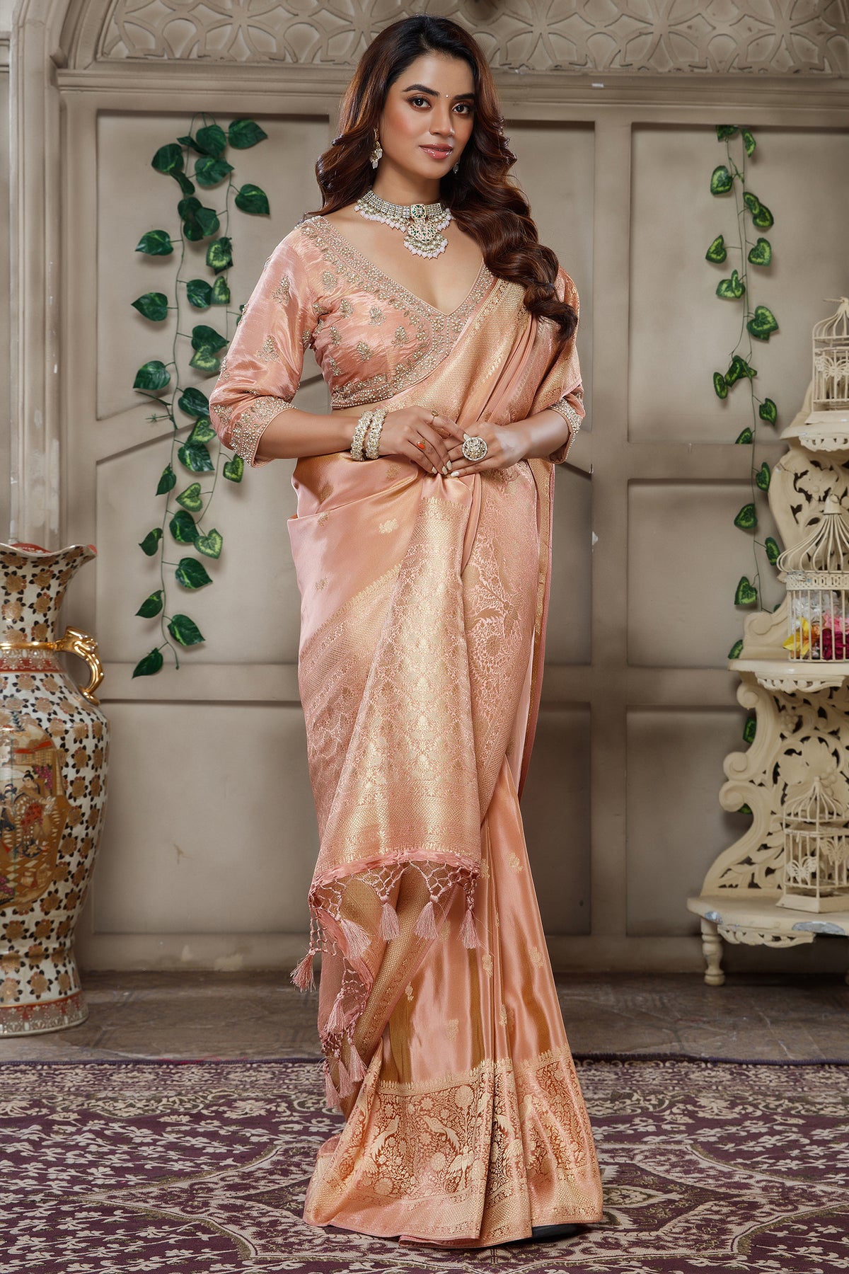 Light Peach Tissue Dola Silk Woven Saree with Handworked Readymade Blouse - peach silk saree