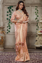 Light Peach Tissue Dola Silk Woven Saree with Handworked Readymade Blouse - peach silk saree