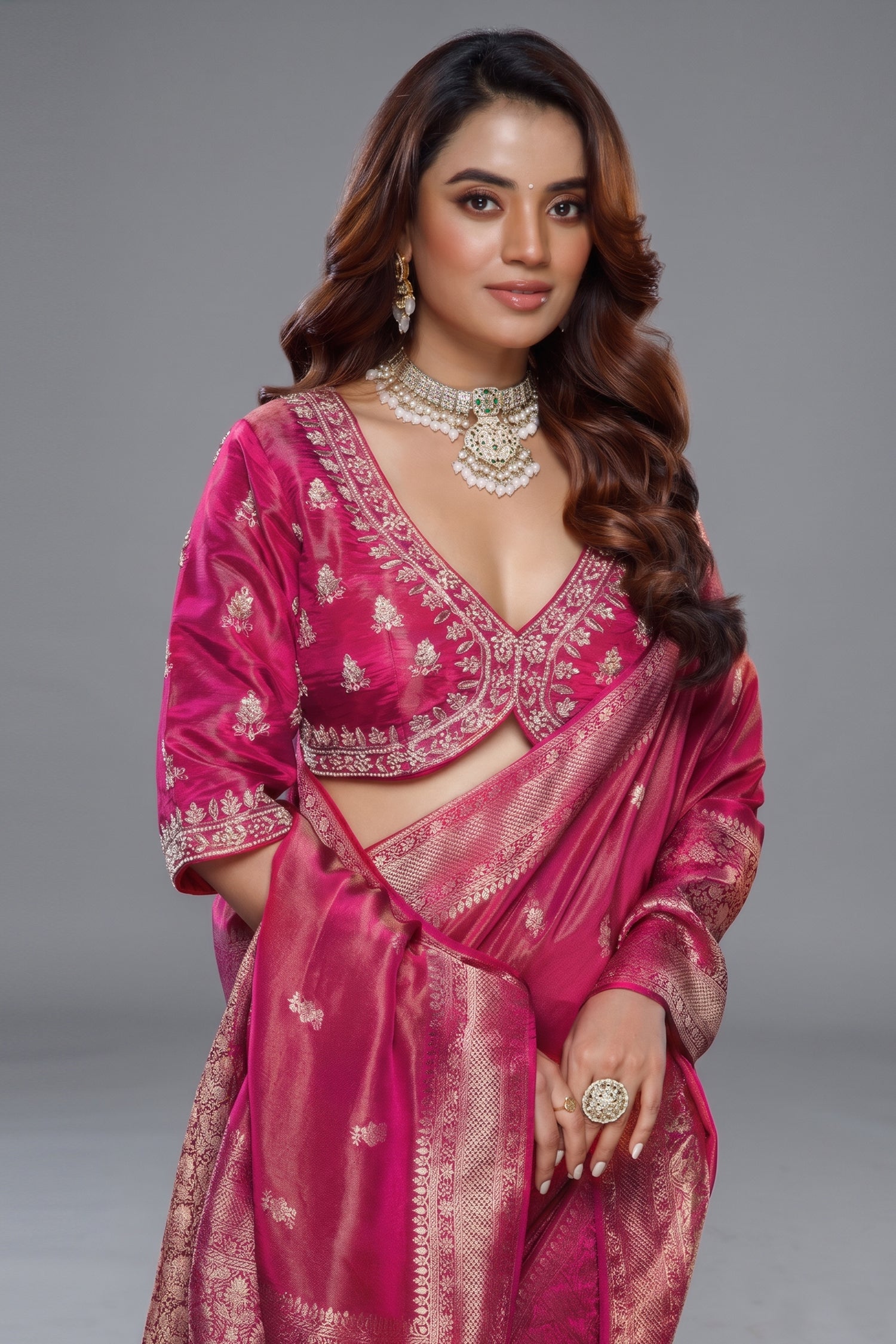 Fuchsia Pink Tissue Dola Silk Woven Saree with Handworked Readymade Blouse Secondary image
