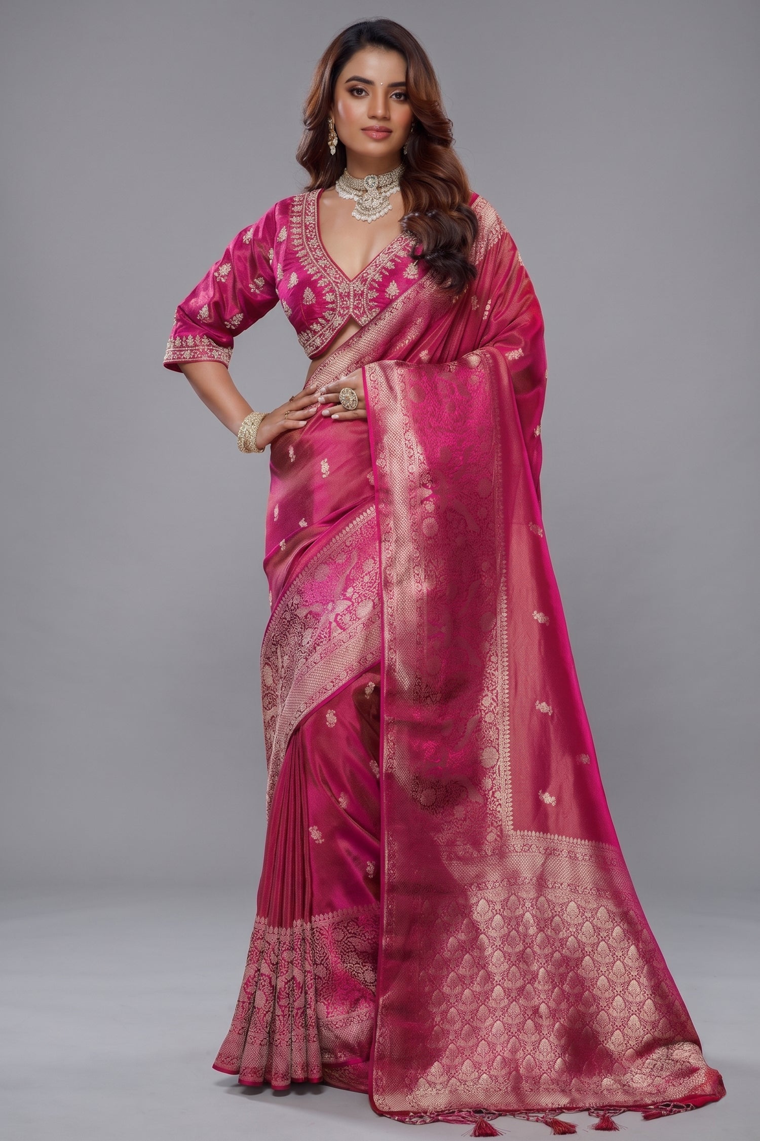 Fuchsia Pink Tissue Dola Silk Woven Saree Main image