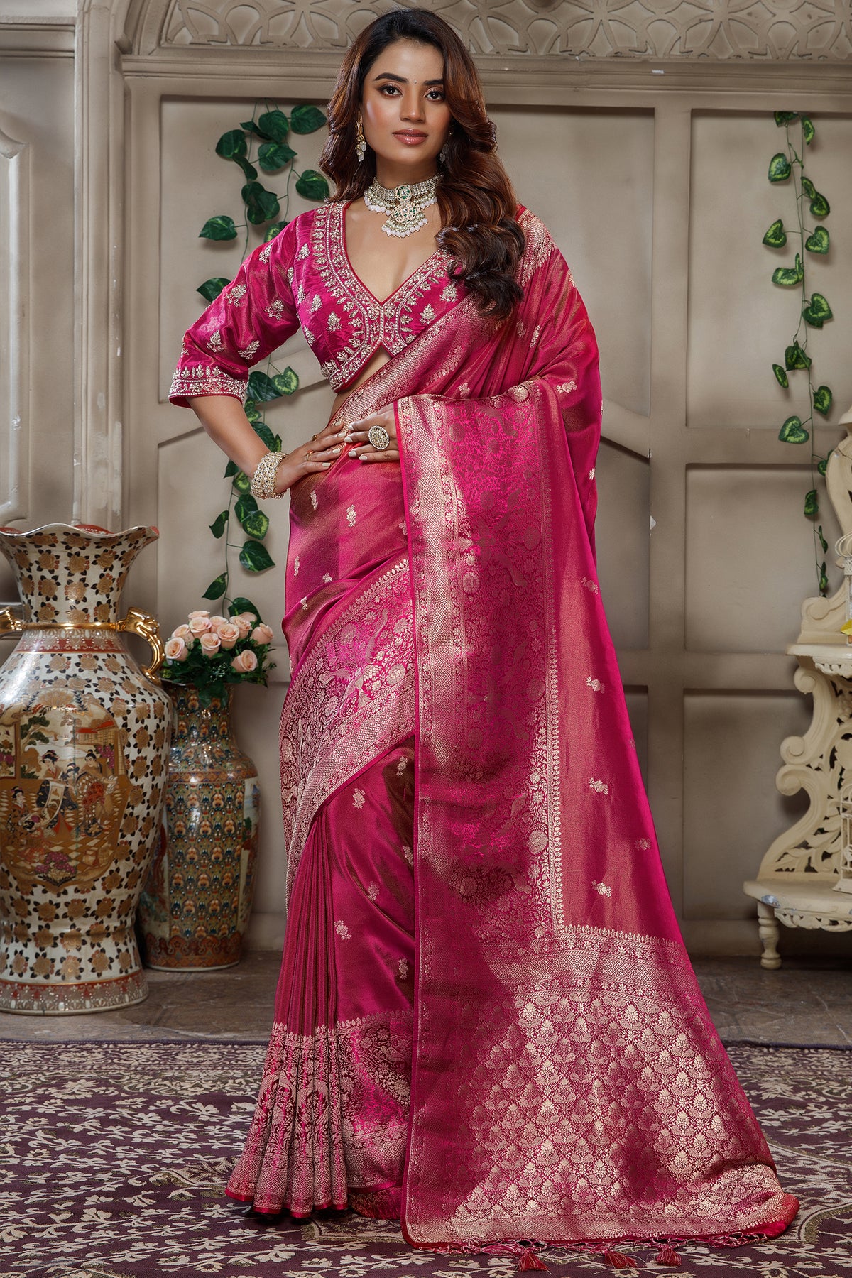 Fuchsia Pink Tissue Dola Silk Woven Saree with Handworked Readymade Blouse - pink silk saree
