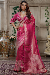 Fuchsia Pink Tissue Dola Silk Woven Saree with Handworked Readymade Blouse - pink silk saree