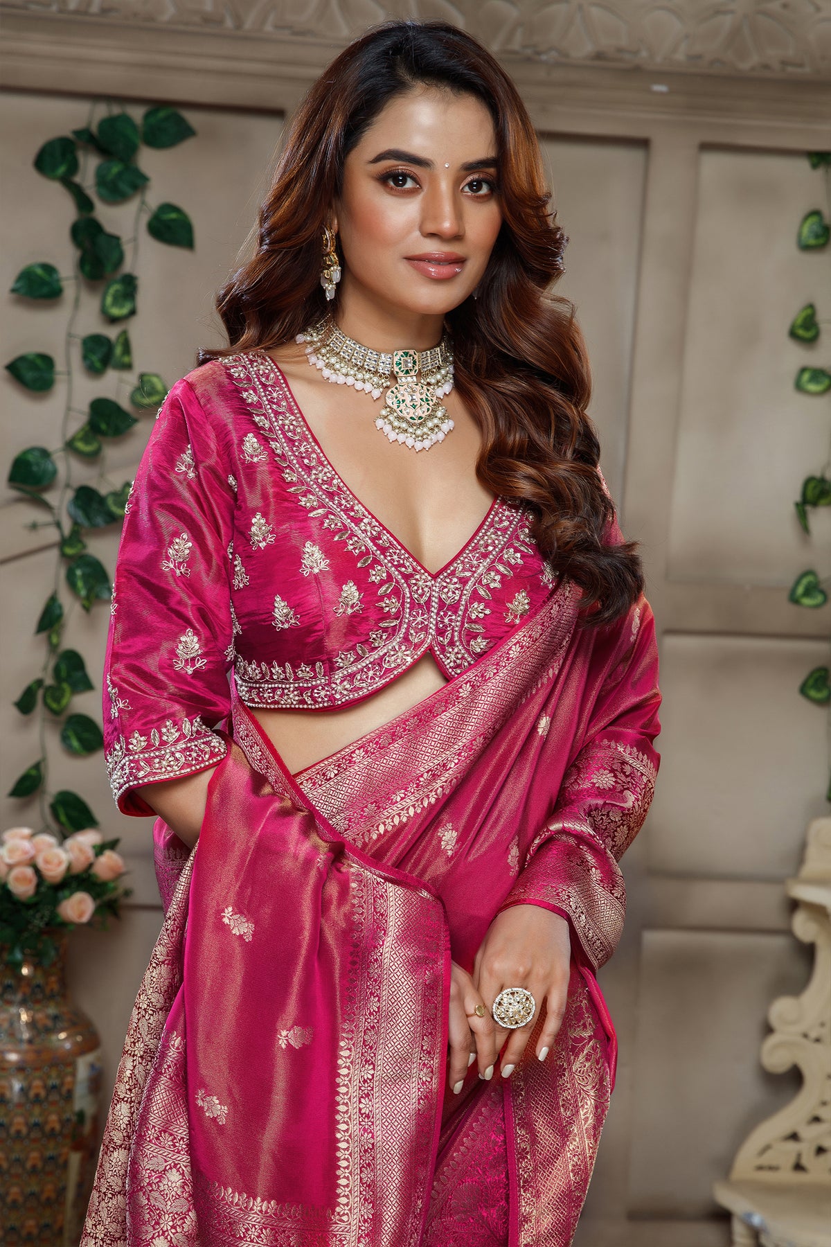 Fuchsia Pink Tissue Dola Silk Woven Saree with Handworked Readymade Blouse - pink silk saree