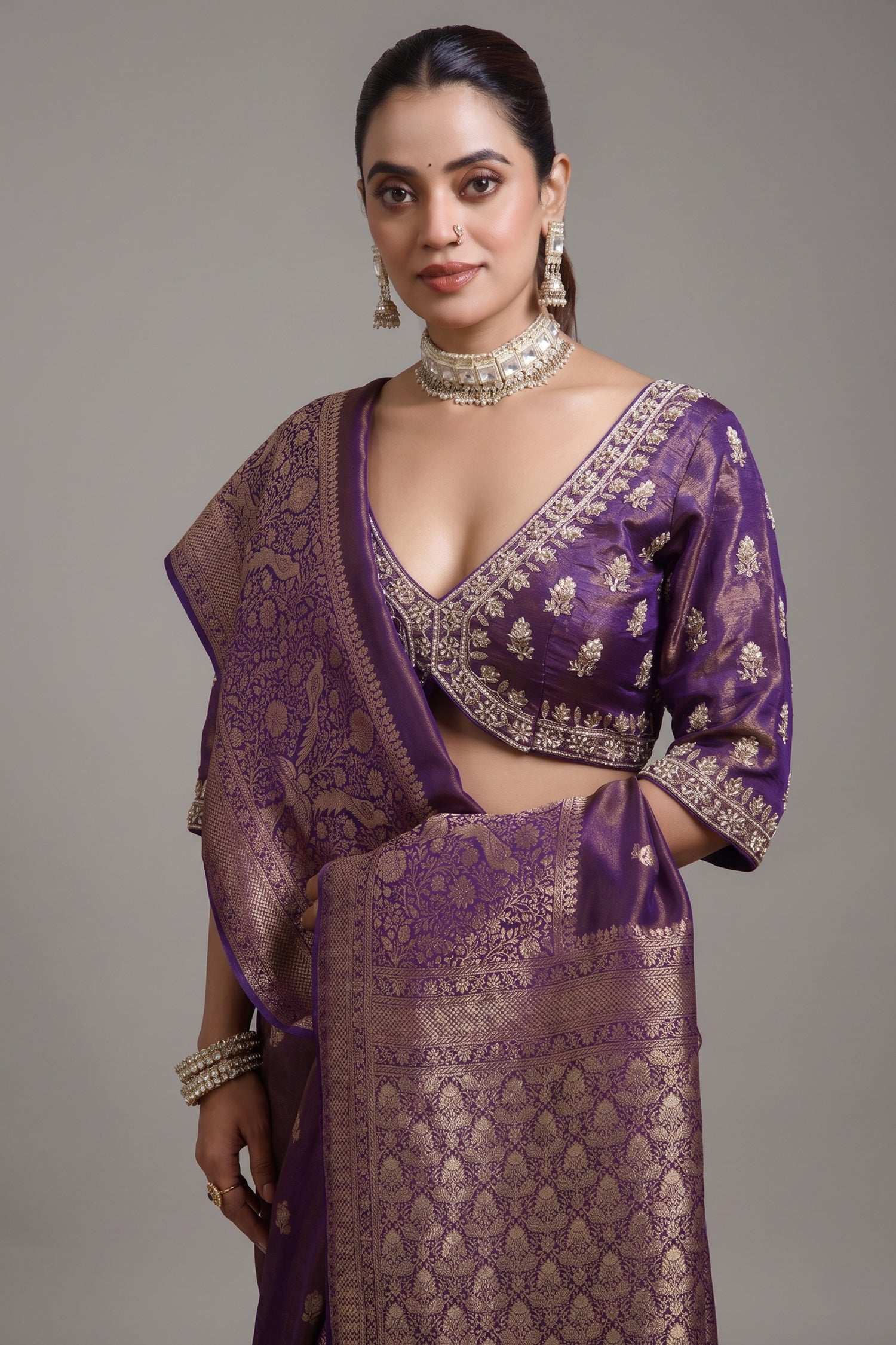 Palatinate Purple Tissue Dola Silk Woven Saree with Handworked Readymade Blouse Secondary image