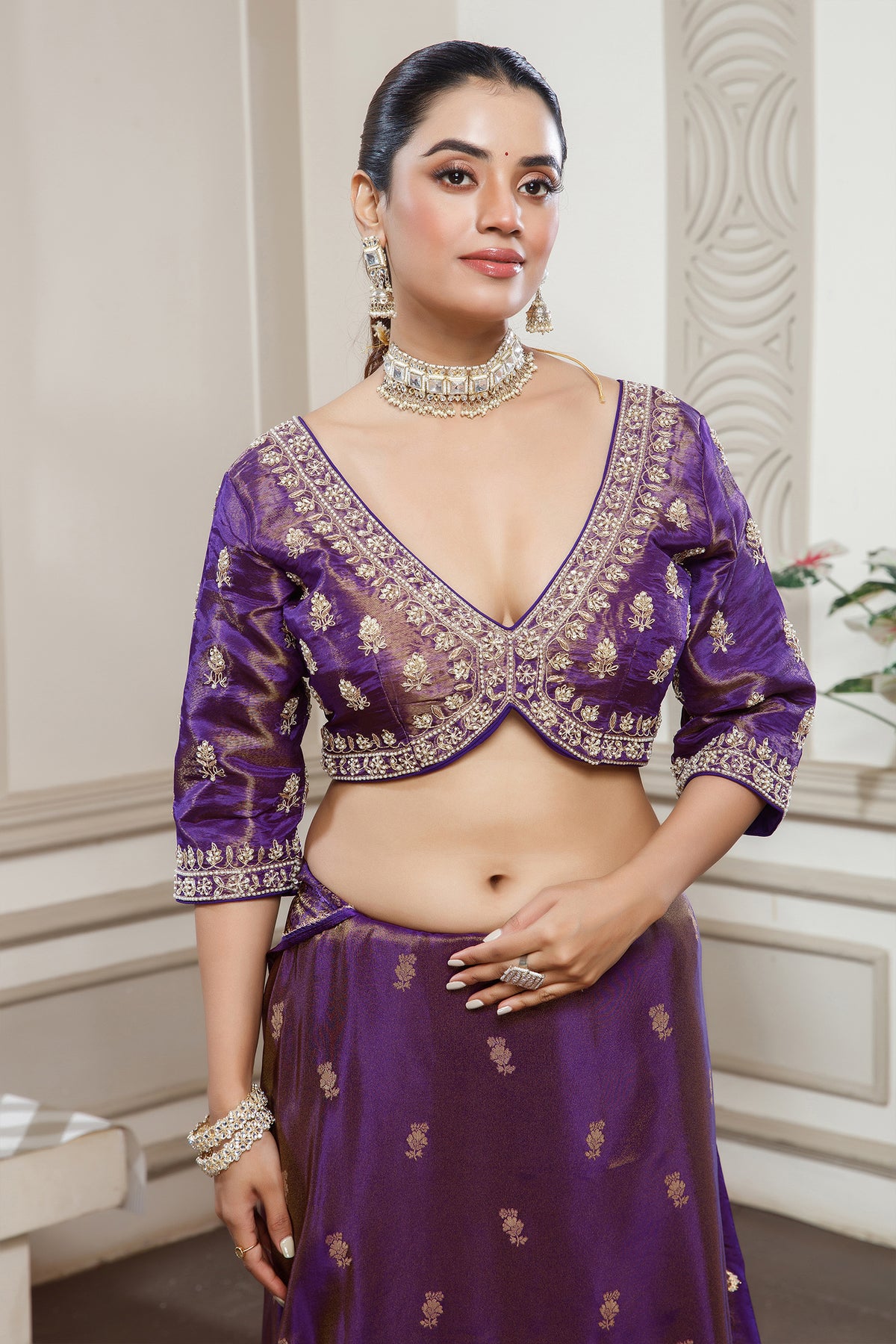Palatinate Purple Tissue Dola Silk Woven Saree with Handworked Readymade Blouse - purple silk saree