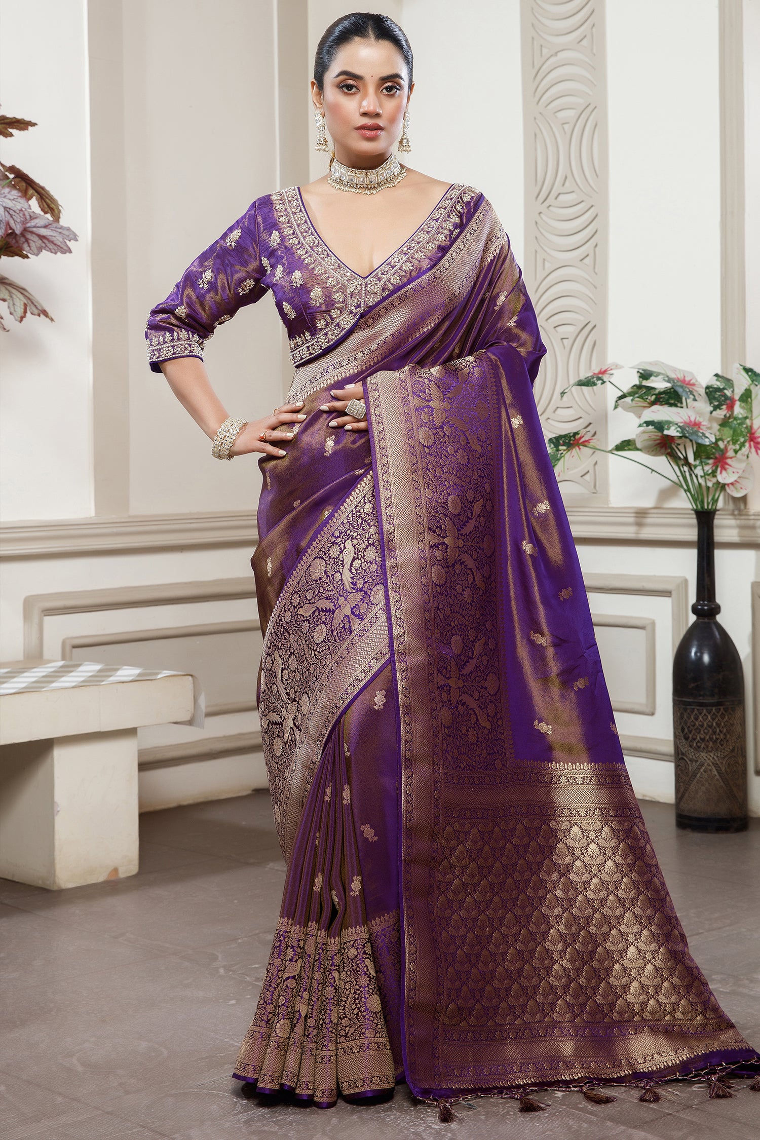 Palatinate Purple Tissue Dola Silk Woven Saree with Handworked Readymade Blouse - purple silk saree