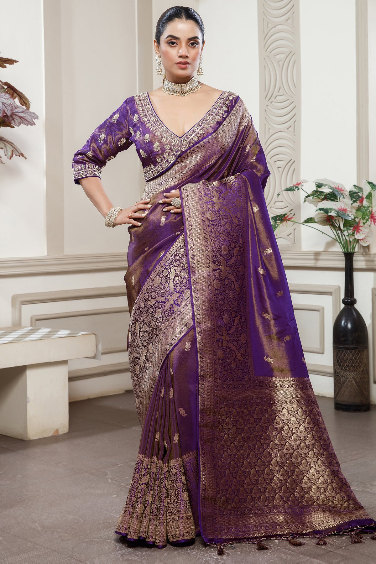 Palatinate Purple Tissue Dola Silk Woven Saree with Handworked Readymade Blouse - purple silk saree