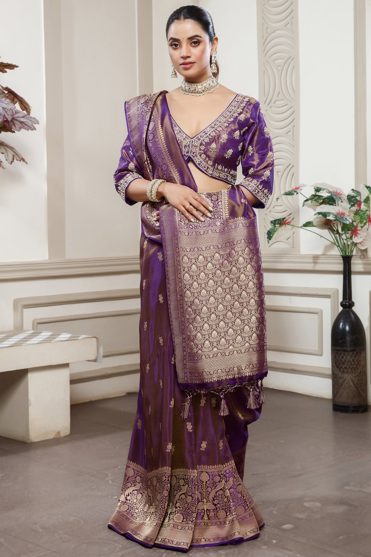 Palatinate Purple Tissue Dola Silk Woven Saree with Handworked Readymade Blouse - purple silk saree