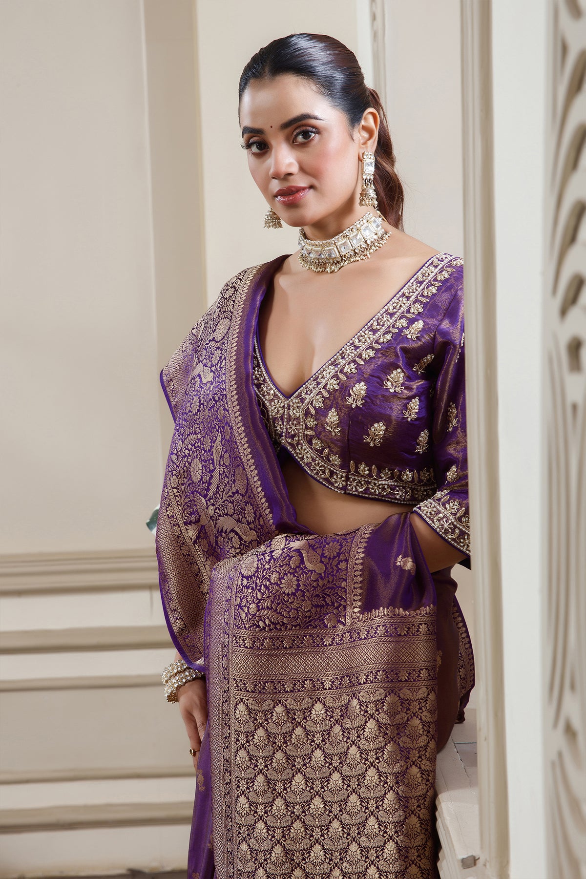 Palatinate Purple Tissue Dola Silk Woven Saree with Handworked Readymade Blouse - purple silk saree