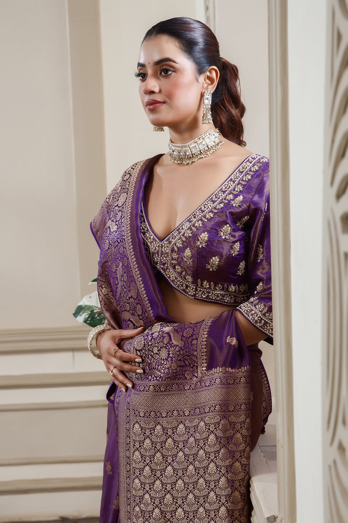 Palatinate Purple Tissue Dola Silk Woven Saree with Handworked Readymade Blouse - purple silk saree
