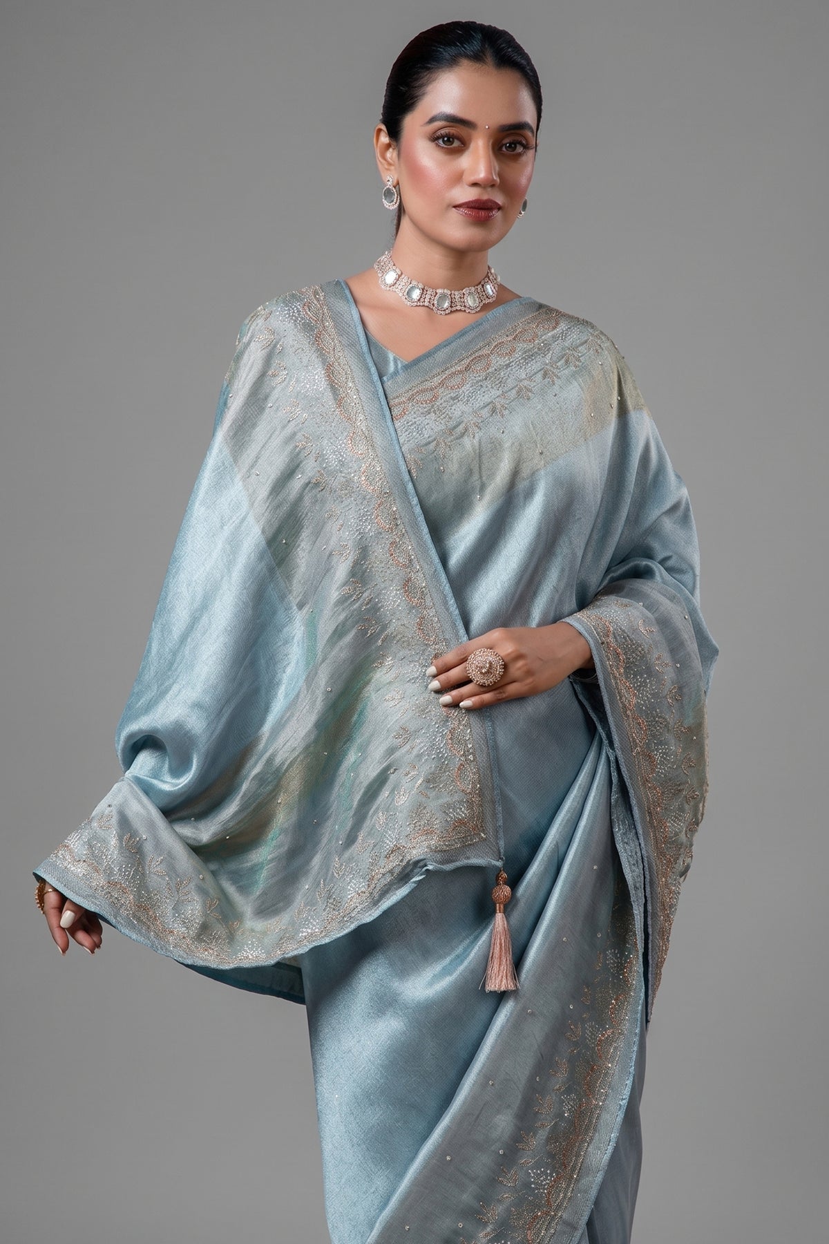 Blue Cutdana and Beaded Worked Saree