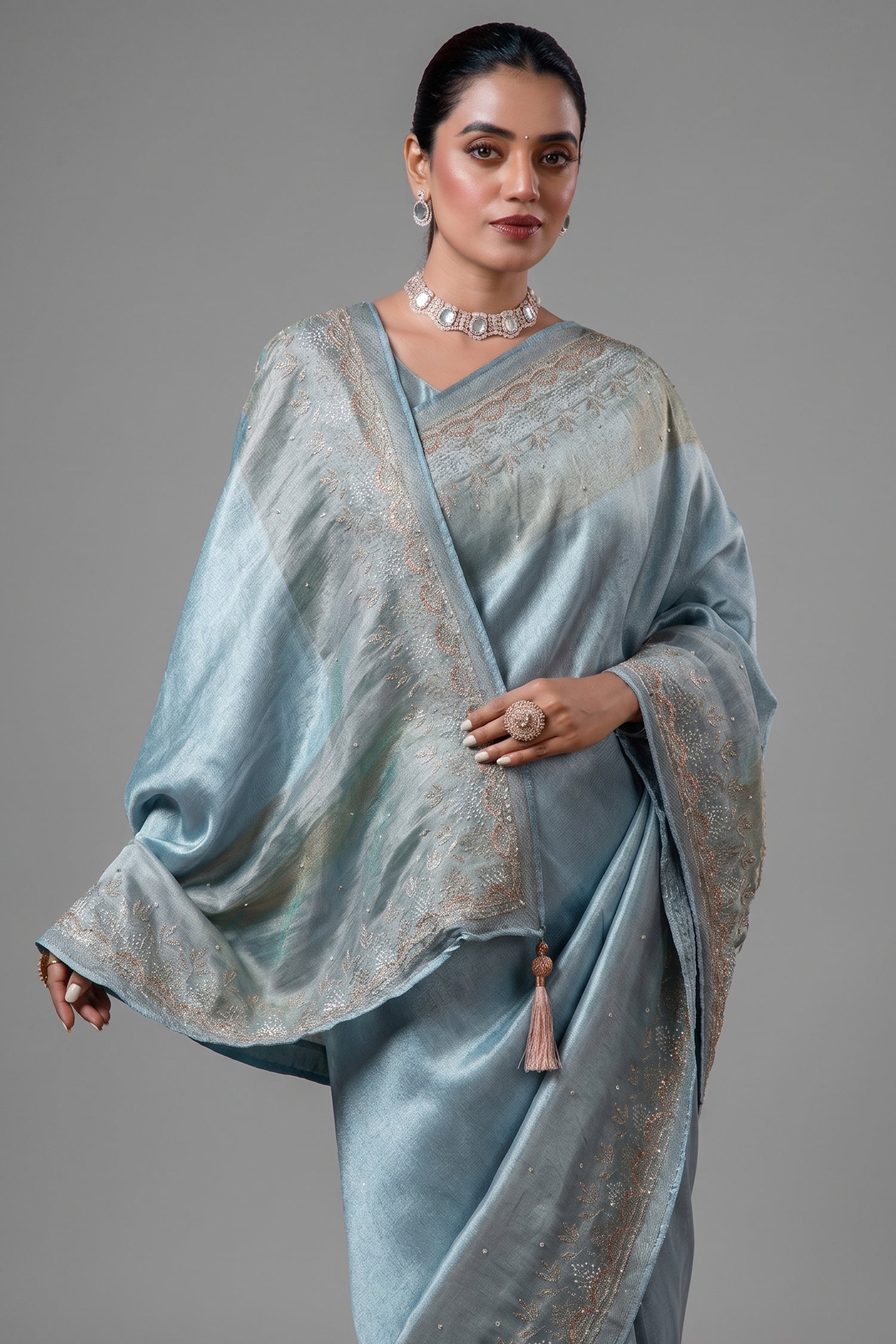 Blue Cutdana and Beaded Worked Saree