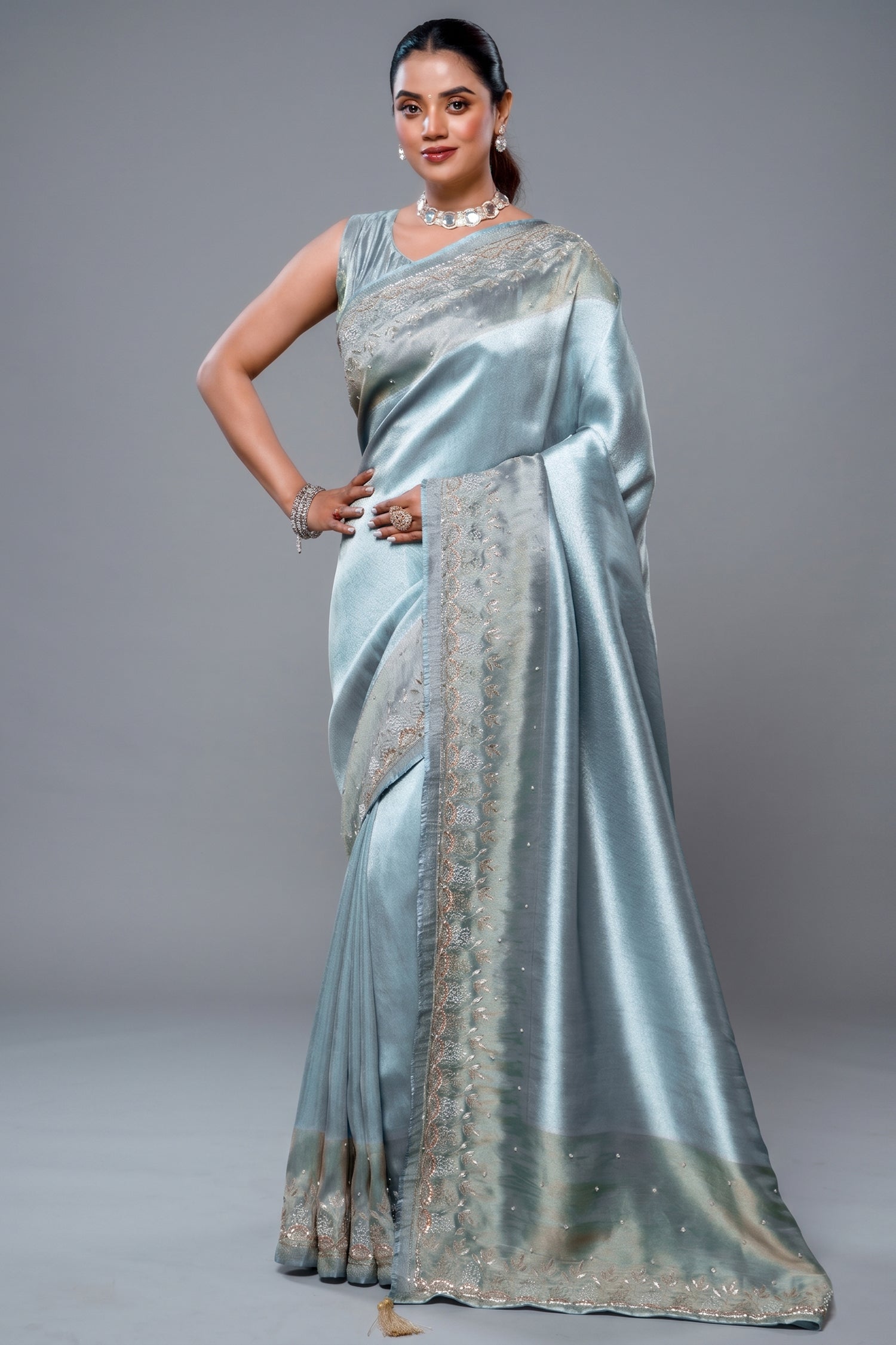 Aqua Blue Tissue Silk Saree Main image