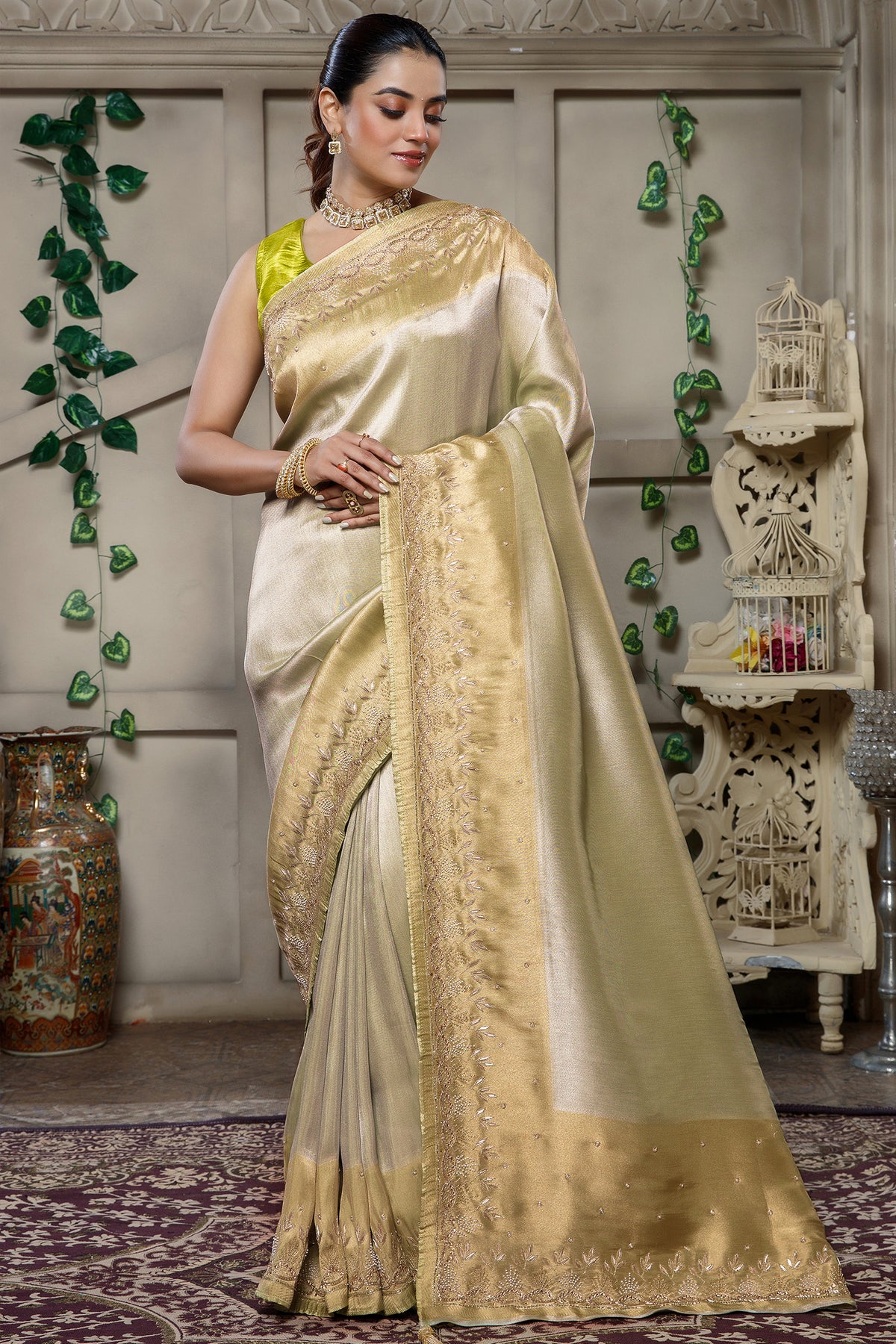 Light Mint Green Tissue Silk Saree with Cutdana and Beaded Worked - green silk saree