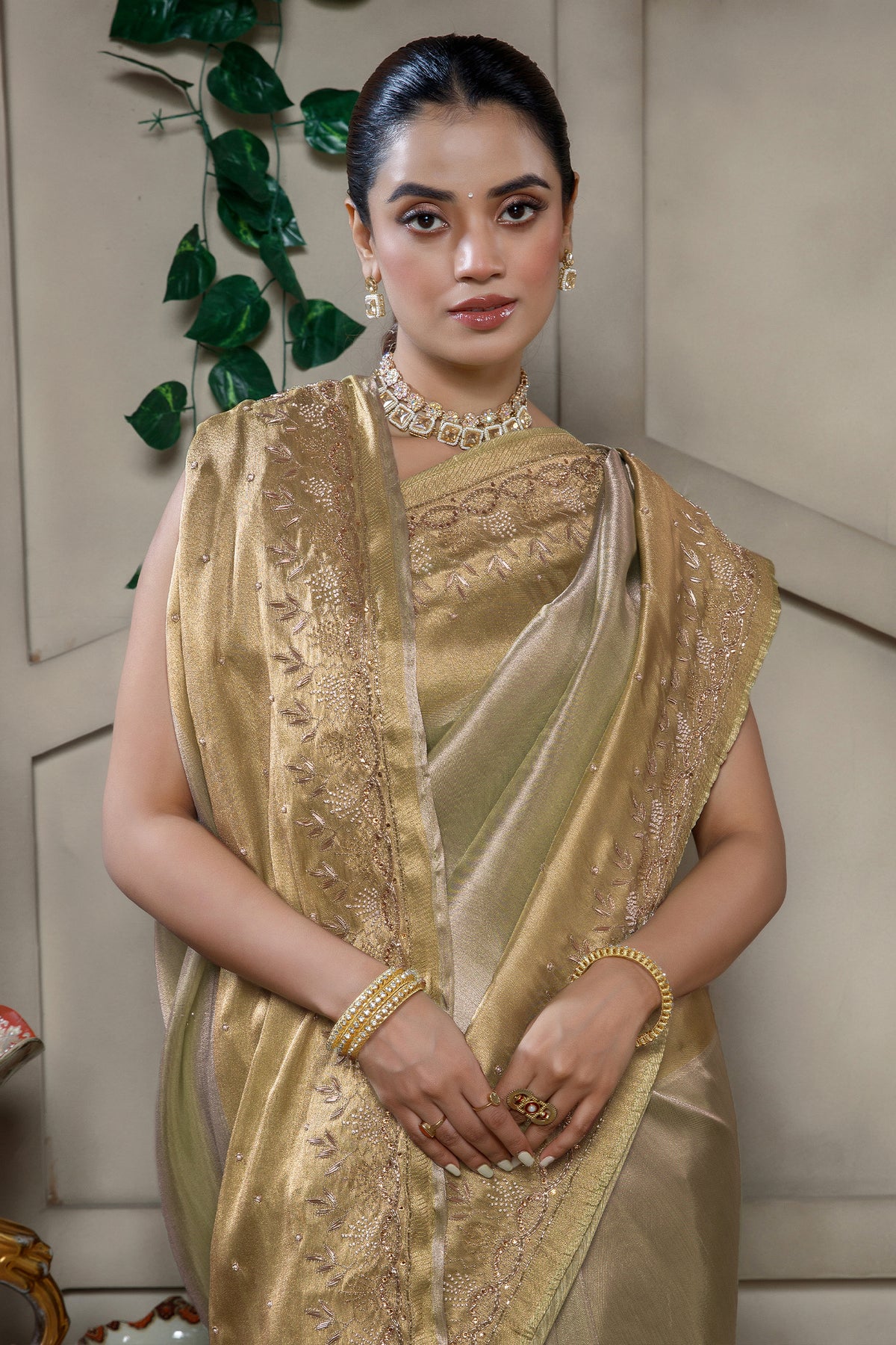 Light Mint Green Tissue Silk Saree with Cutdana and Beaded Worked - green silk saree