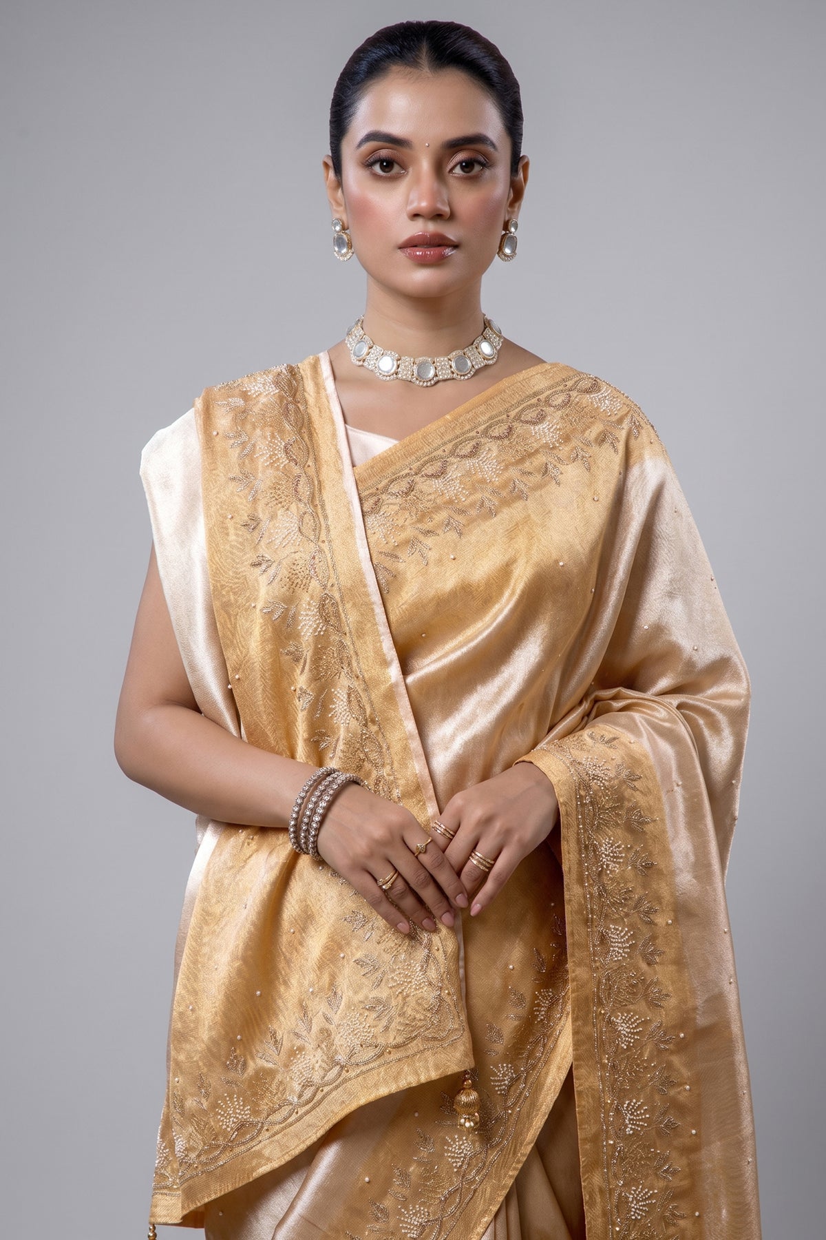 Light Yellow Saree with Cutdana and Beaded Worked