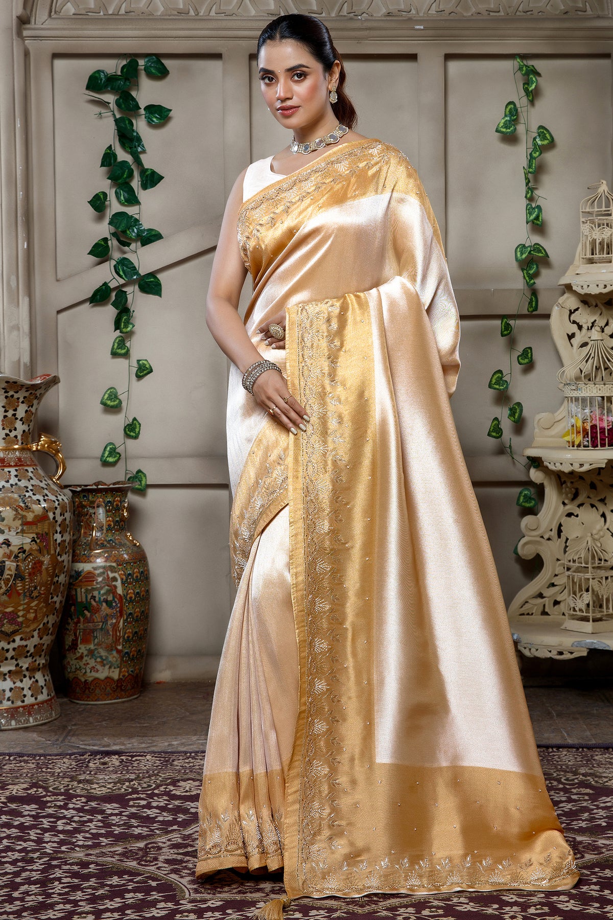 Light Yellow Tissue Silk Saree with Cutdana and Beaded Worked - yellow silk saree