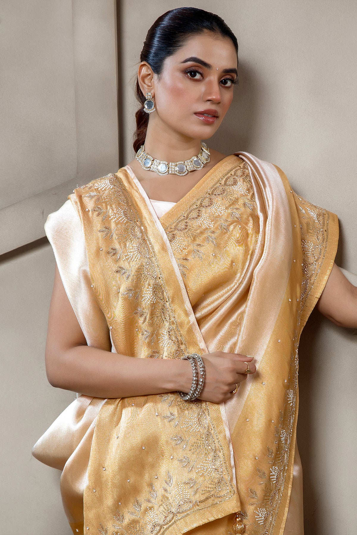 Light Yellow Tissue Silk Saree with Cutdana and Beaded Worked - yellow silk saree