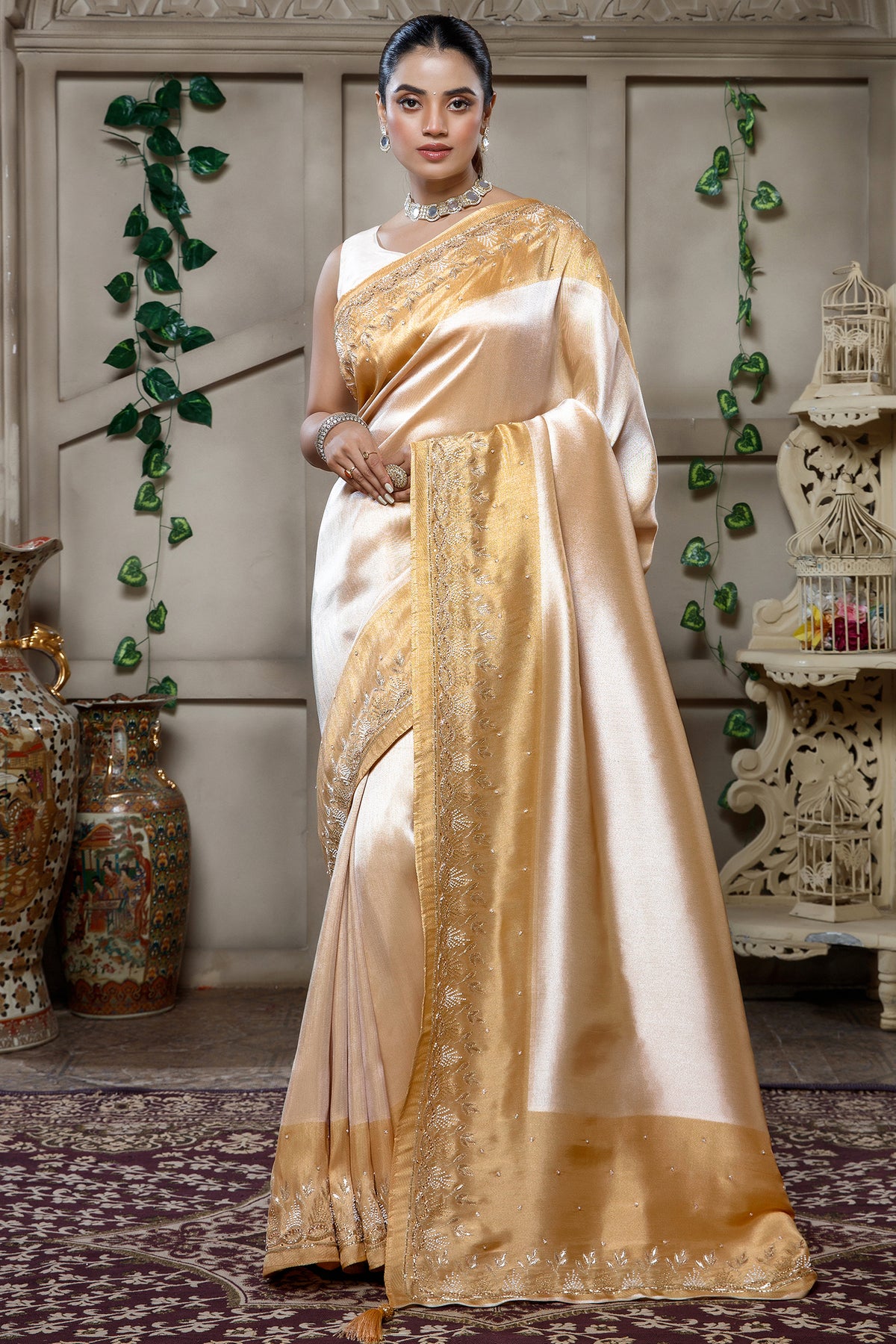 Light Yellow Tissue Silk Saree with Cutdana and Beaded Worked - yellow silk saree