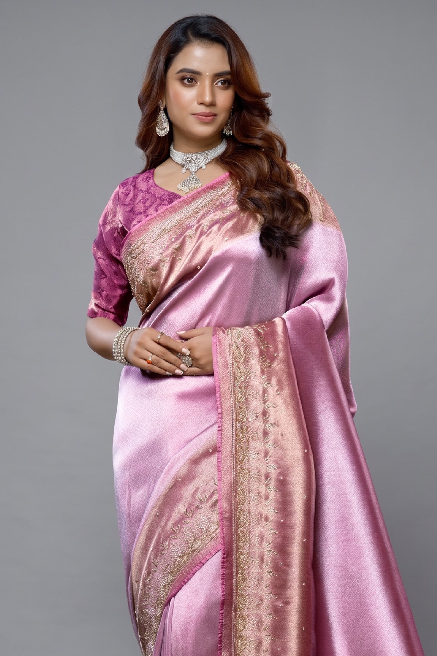 Light Violet and Pink Dual Toned Tissue Silk Saree with Cutdana and Beaded Worked Secondary image