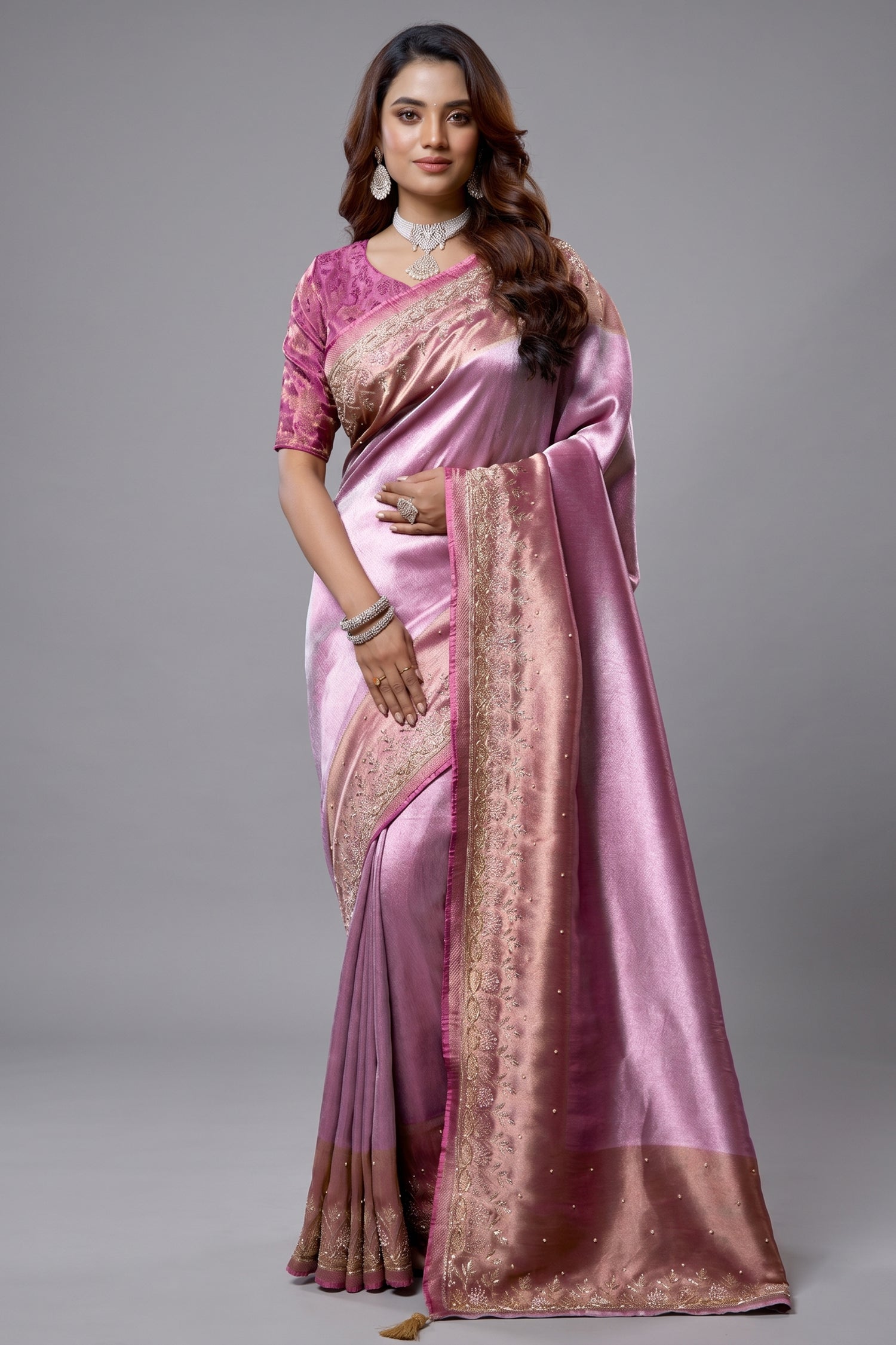 Light Violet and Pink Tissue Silk Saree - Front View