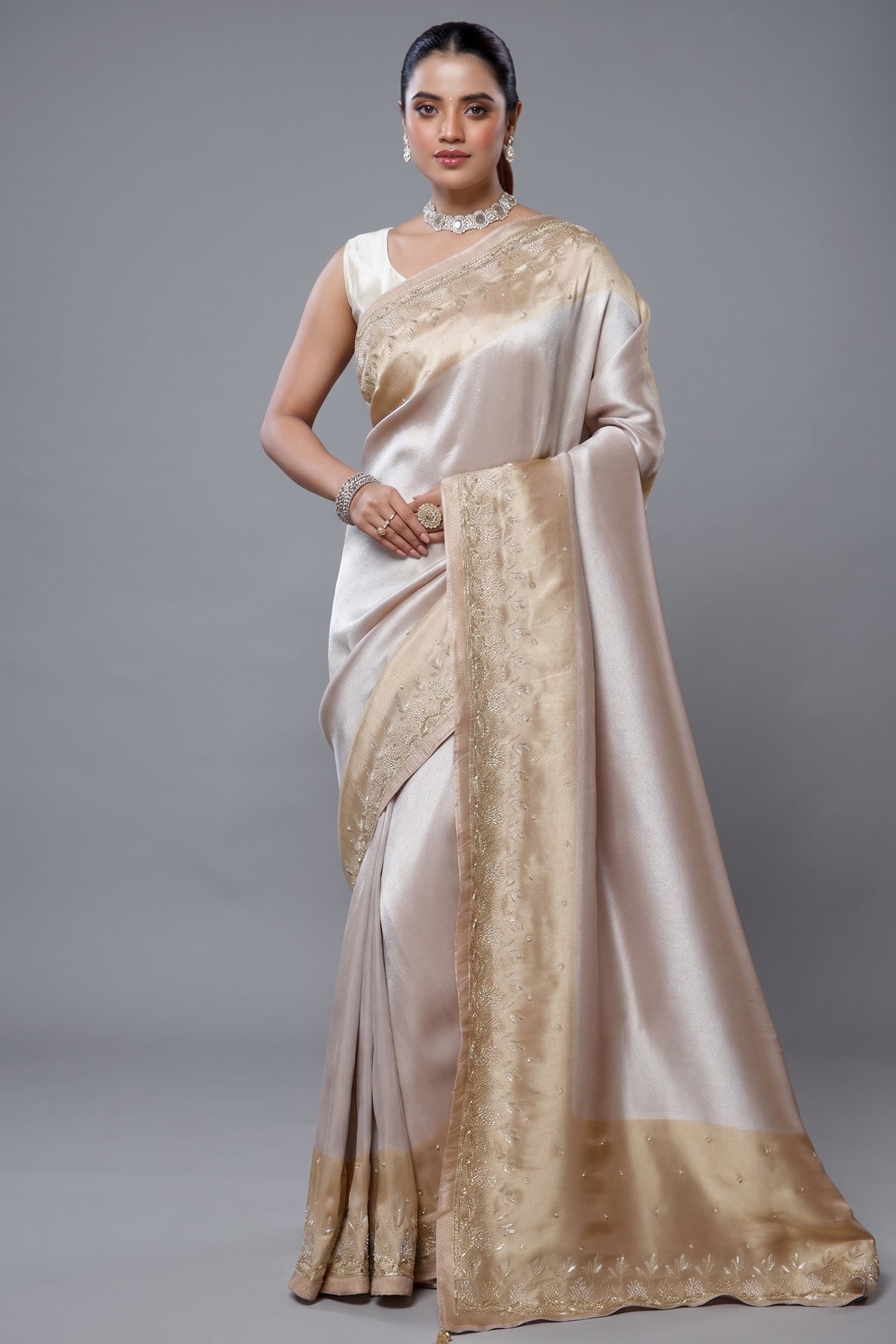 Silver and Golden Tissue Silk Saree - Front View Main image