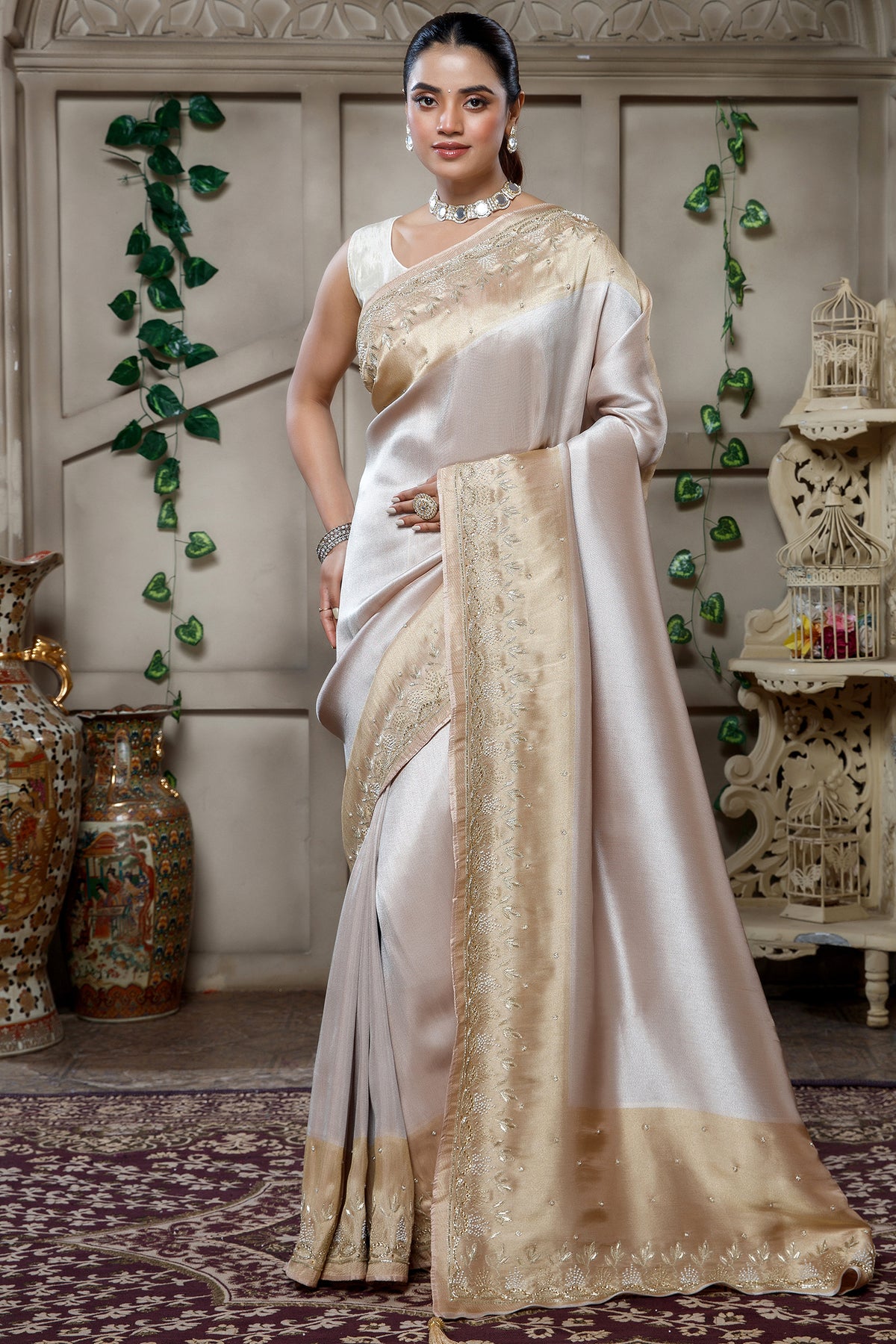 Silver and Golden Tissue Silk Saree featuring a rich dual-toned metallic sheen