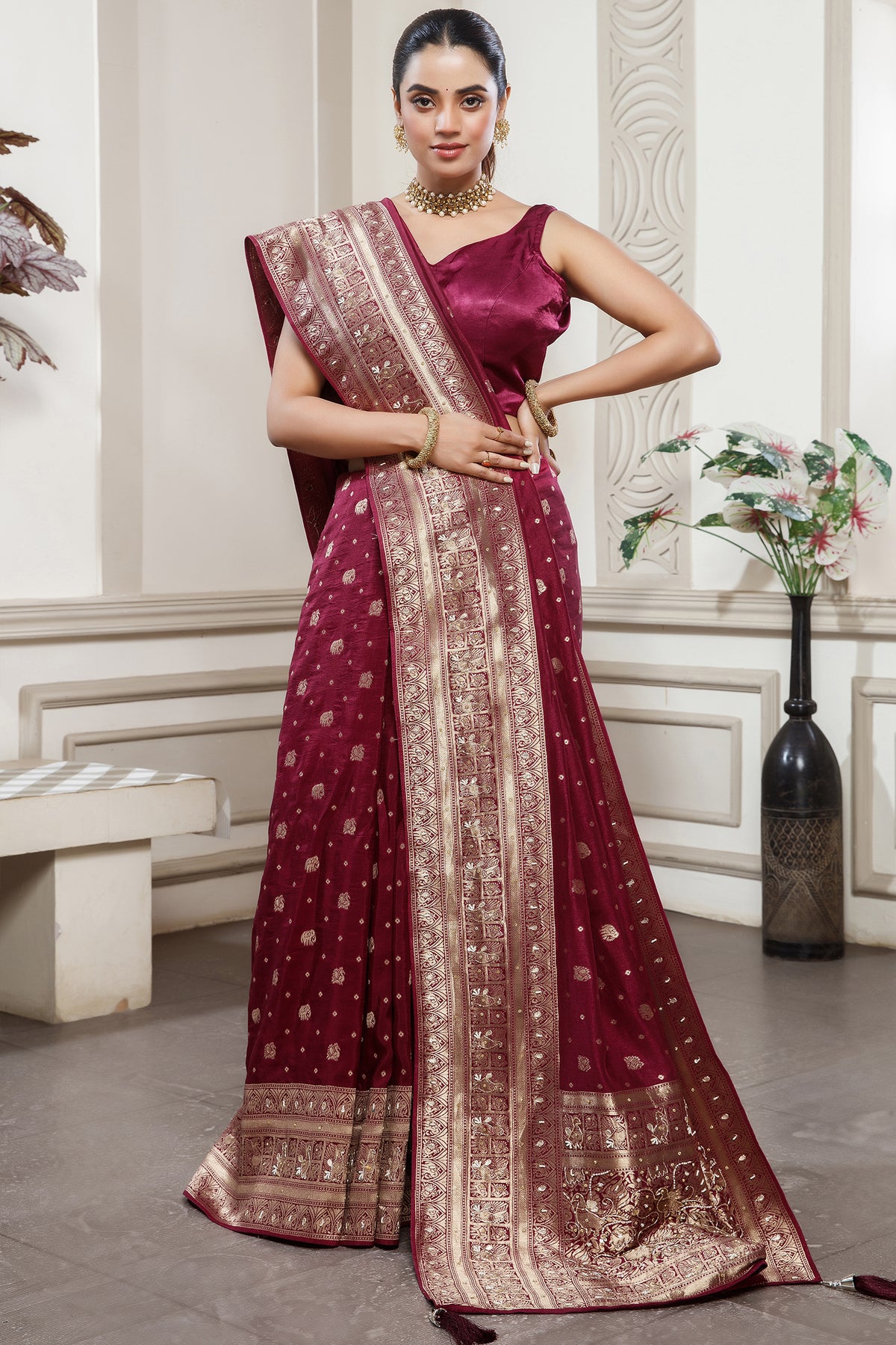Magenta Dola Silk All Over Woven Saree styled with traditional jewelry