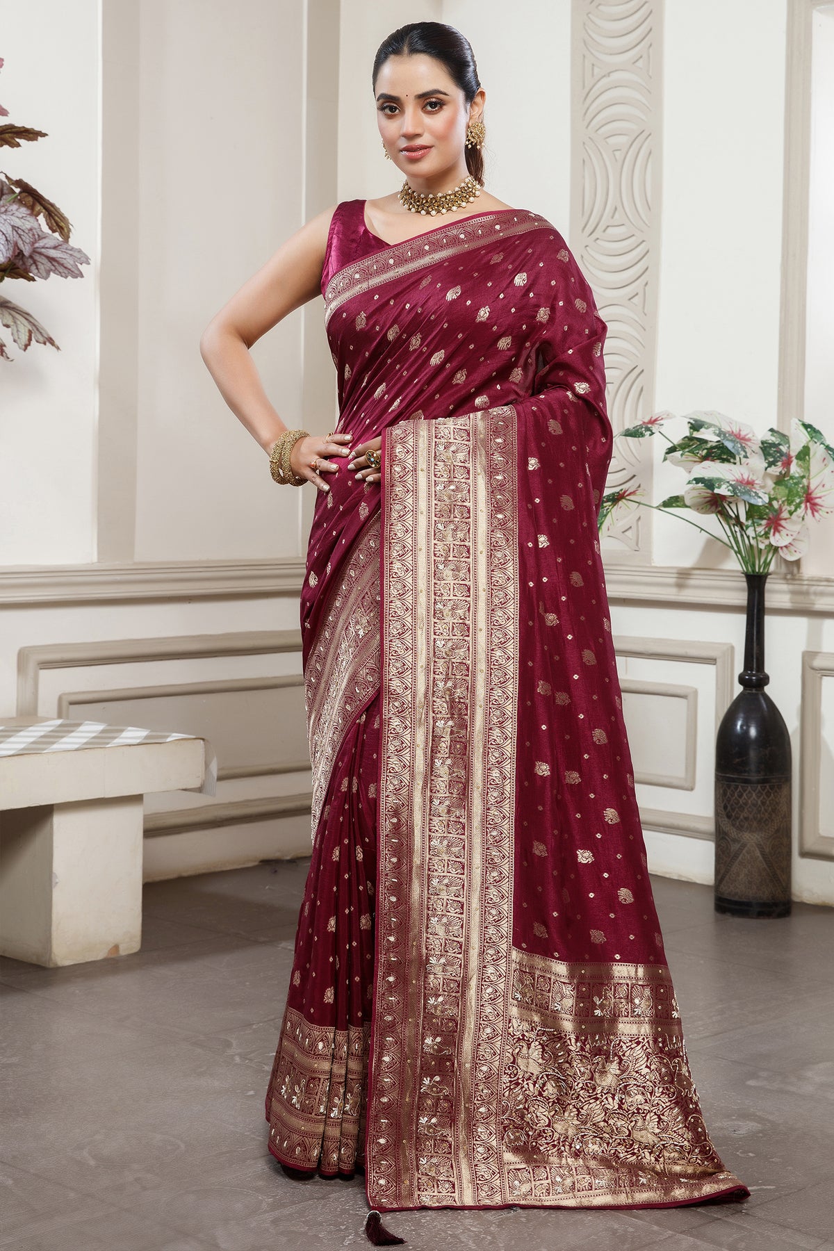 Magenta Dola Silk All Over Woven Saree featuring intricate woven patterns