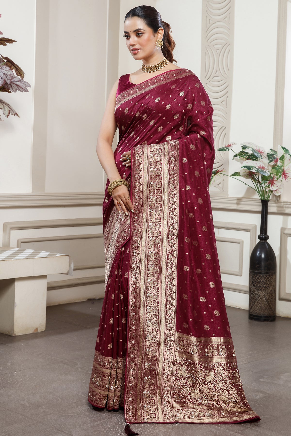 Designer Magenta Dola Silk All Over Woven Saree for festive celebrations