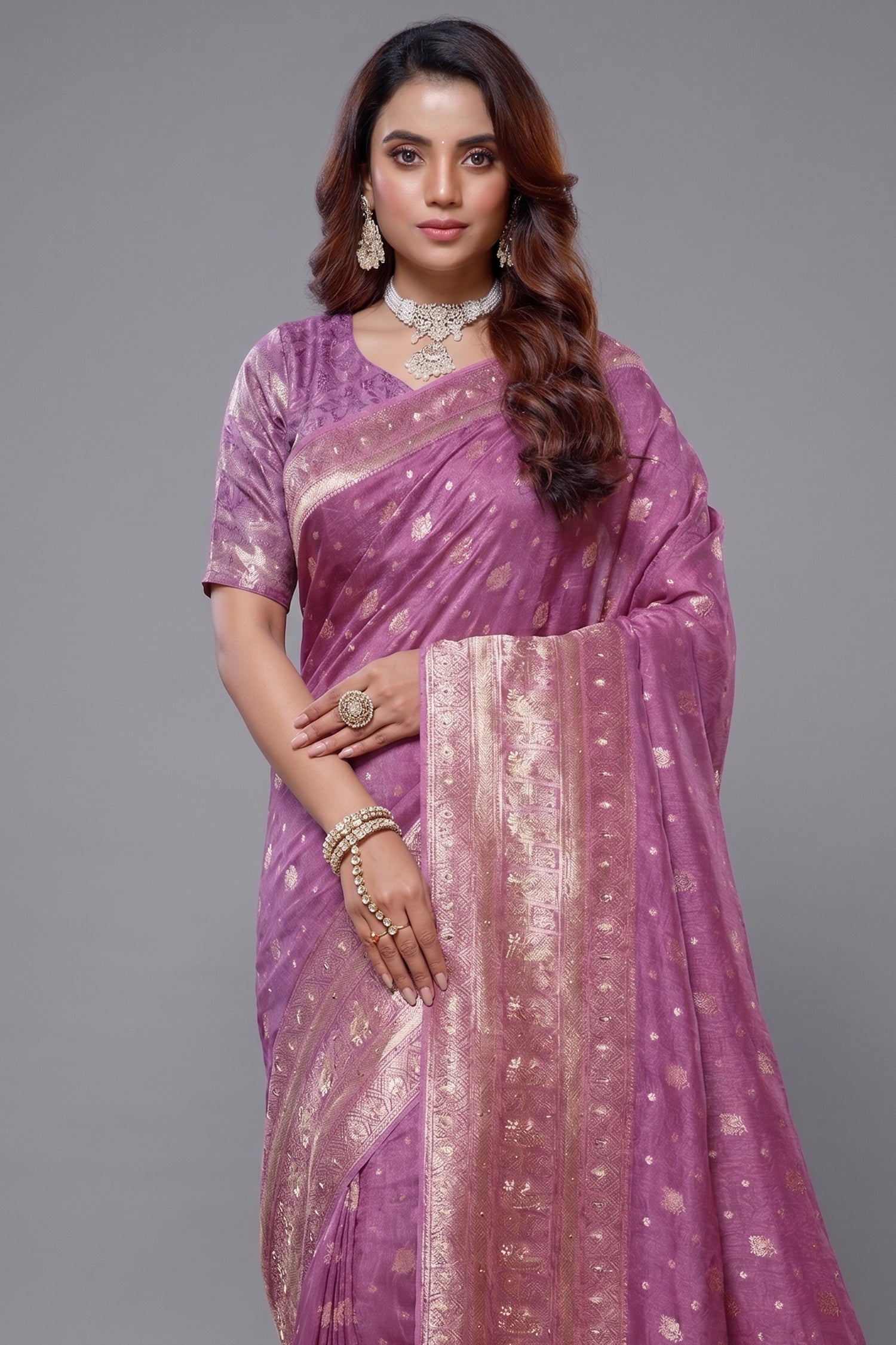 Lilac Purple Dola Silk All Over Woven Saree with Handworked Pallu and Border Secondary image