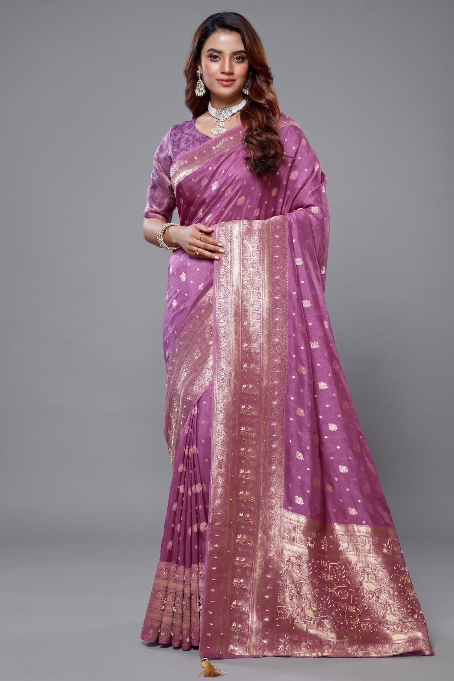 Lilac Purple Dola Silk All Over Woven Saree Main image