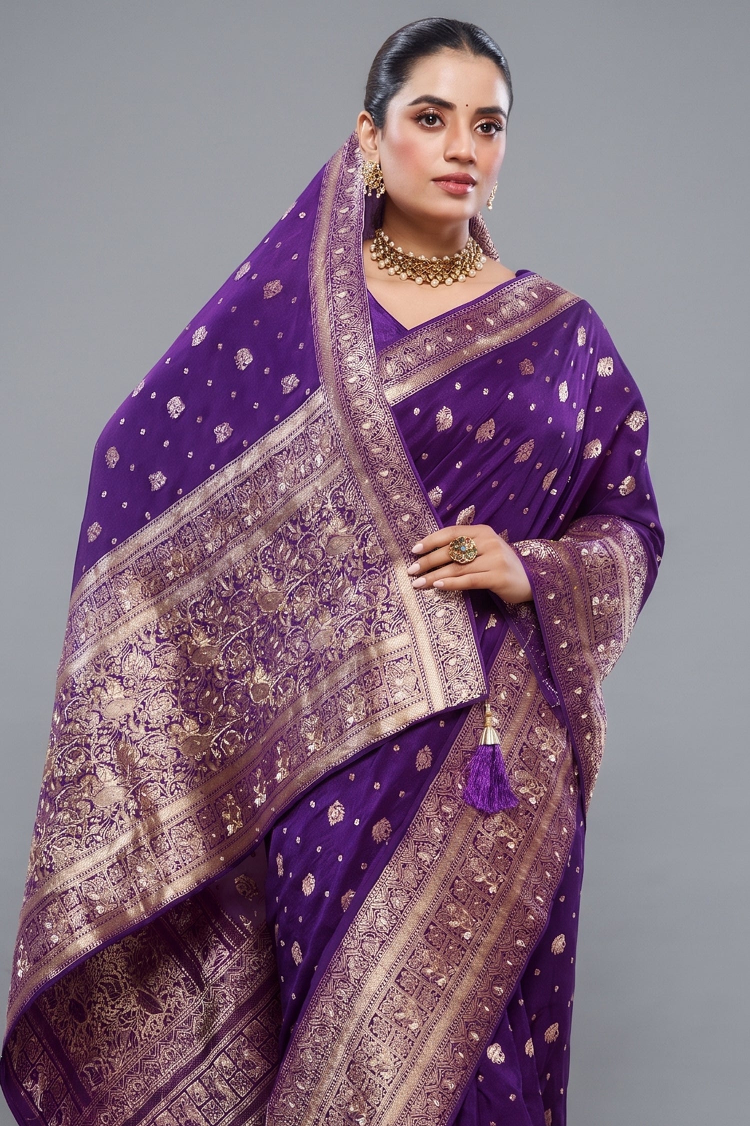 Deep Violet Purple Dola Silk All Over Woven Saree with Handworked Pallu and Border Secondary image