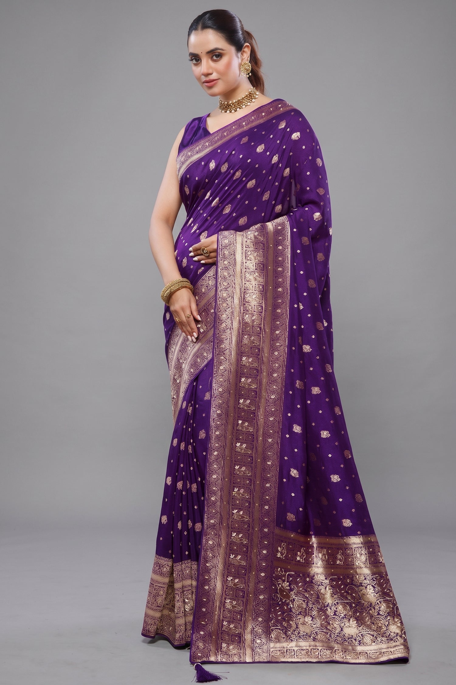 Deep Violet Purple Dola Silk All Over Woven Saree Main image