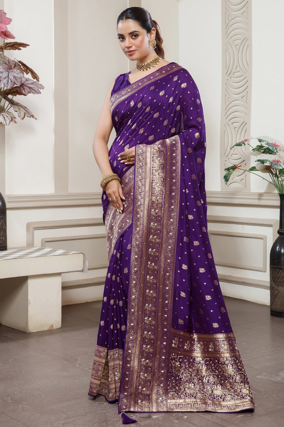 Designer Deep Violet Purple Dola Silk All Over Woven Saree for festive celebrations