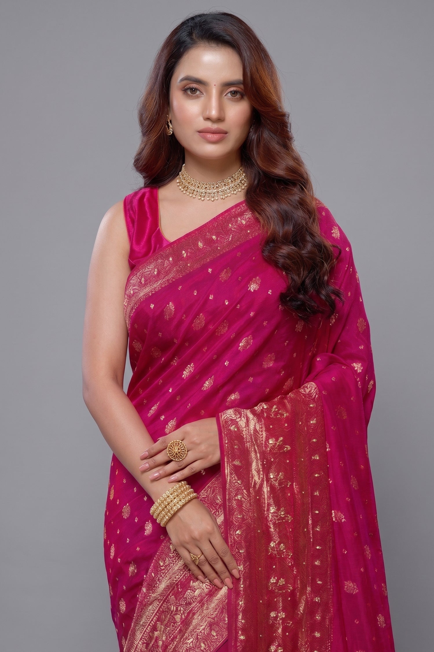 Rani Pink Dola Silk All Over Woven Saree with Handworked Pallu and Border Secondary image