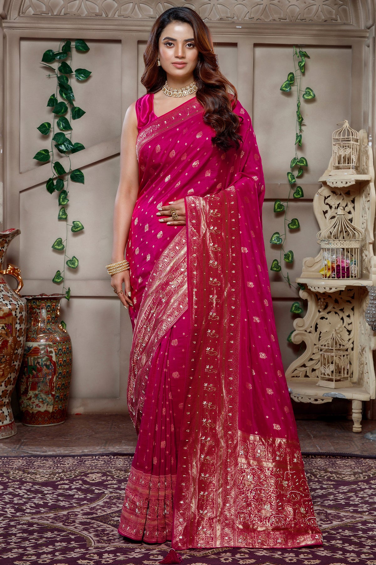 Rani Pink Woven Saree