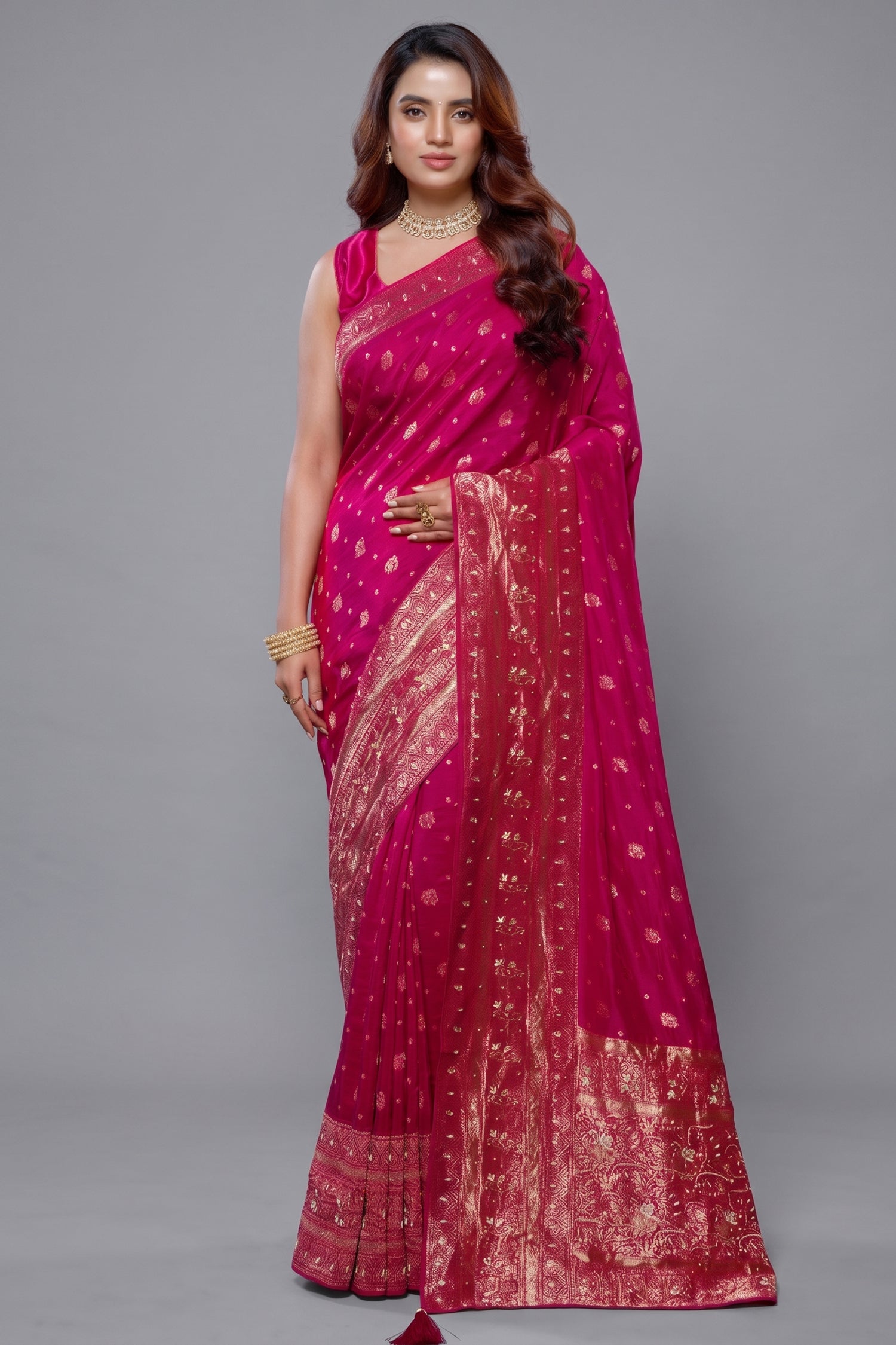 Rani Pink Dola Silk All Over Woven Saree Main image