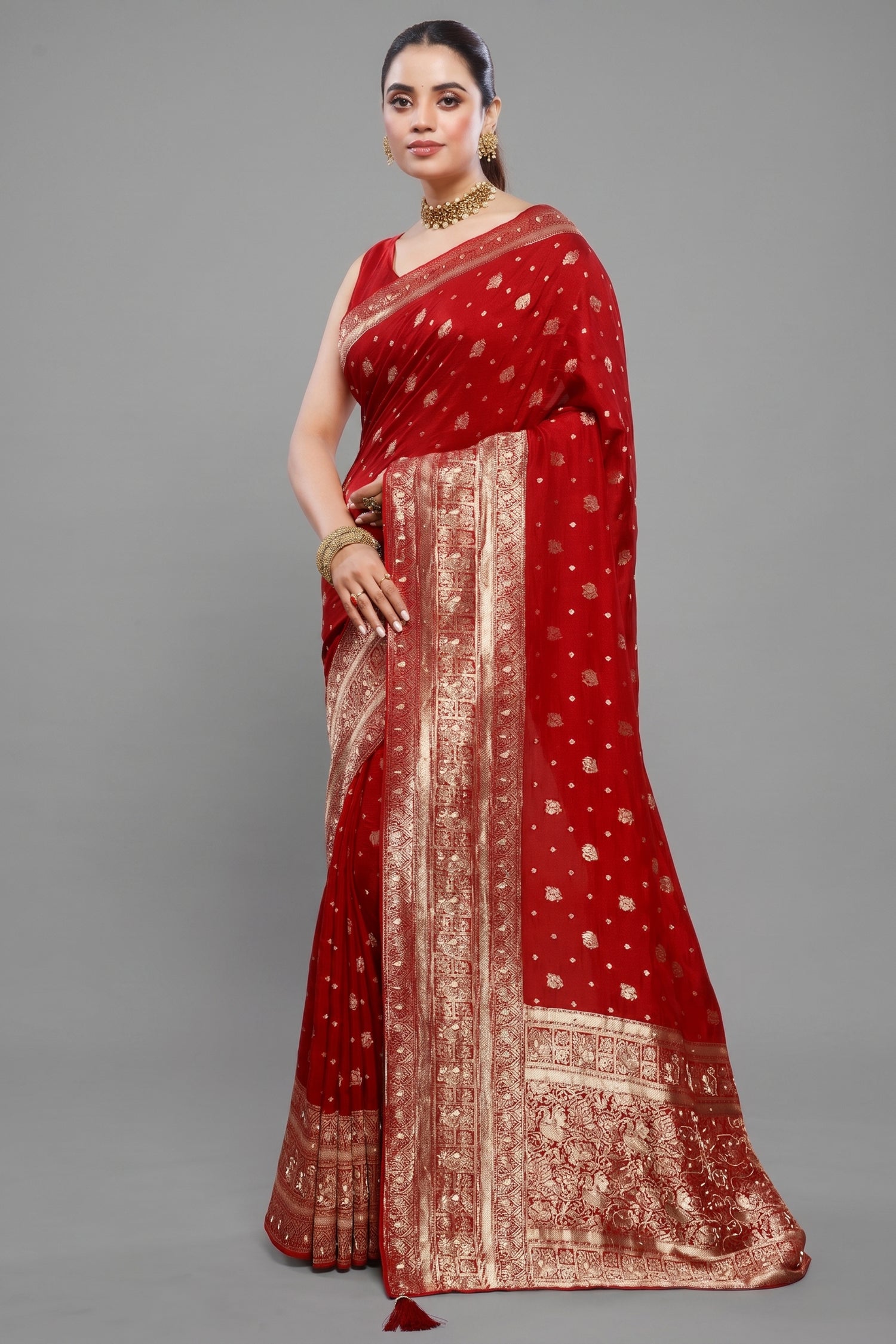 Red Dola Silk All Over Woven Saree - Front View Main image