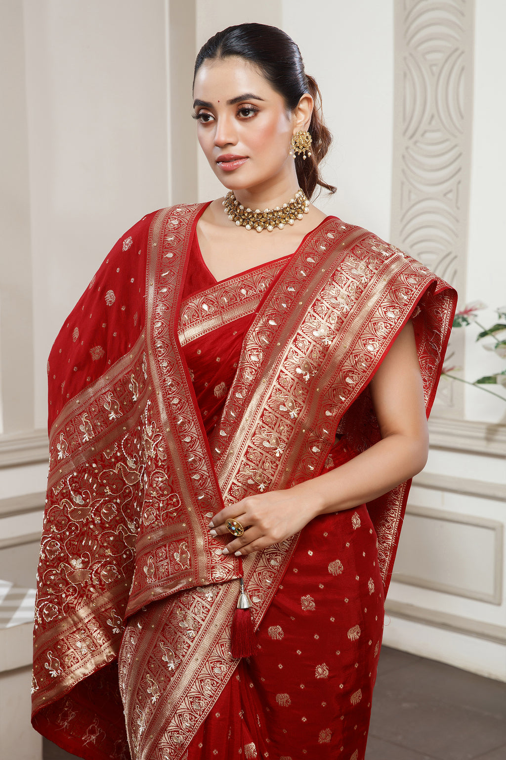 Designer Red Dola Silk All Over Woven Saree for festive celebrations
