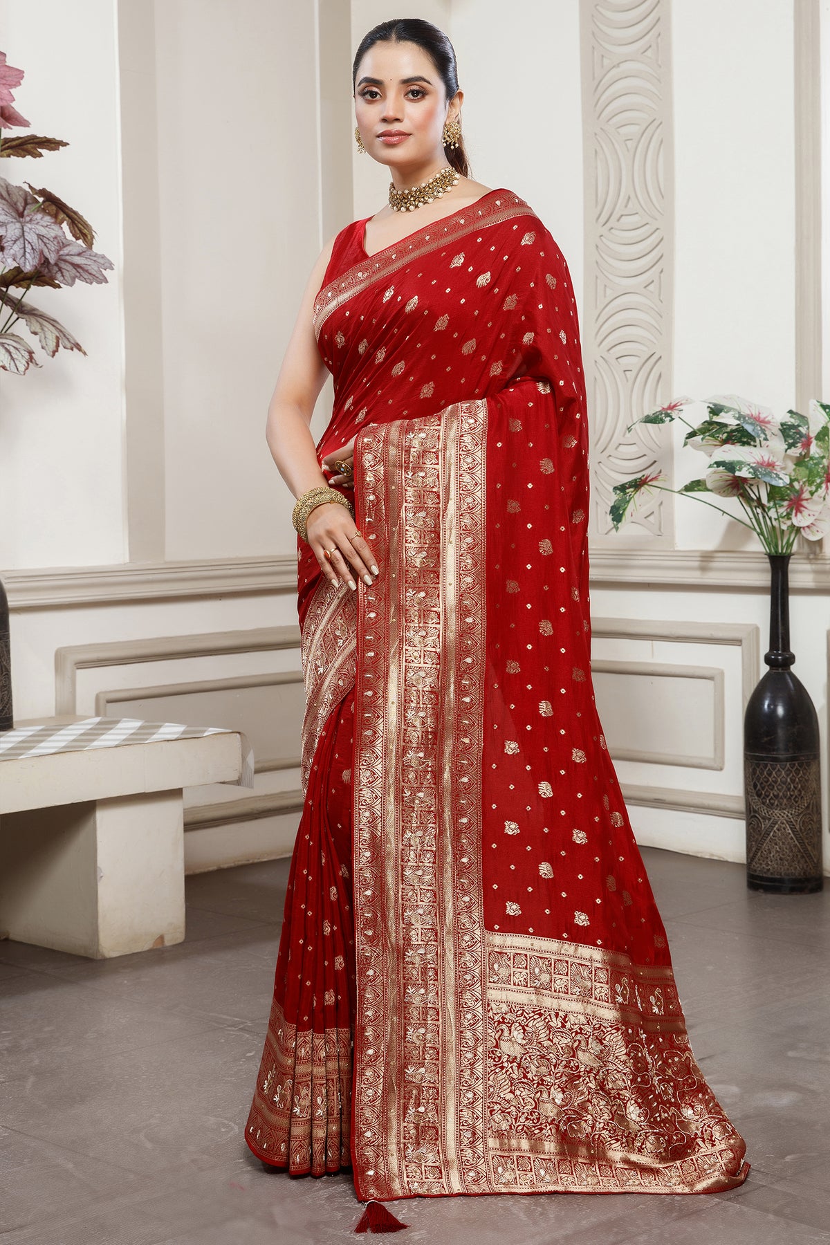 Red Dola Silk All Over Woven Saree featuring intricate woven patterns
