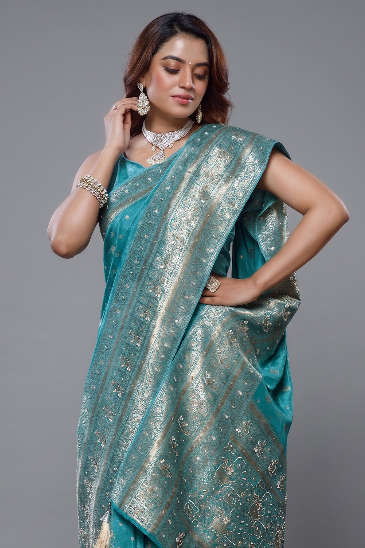 Sky Blue Dola Silk All Over Woven Saree with Handworked Pallu and Border Secondary image